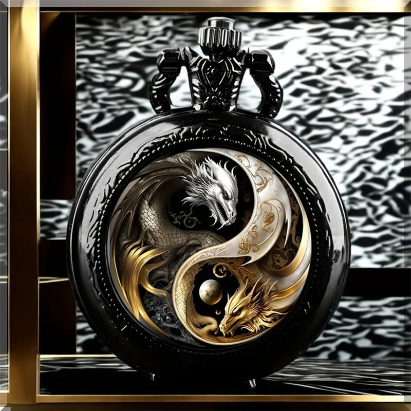 Mens Pocket Watch Retro Mechanical Black Steampunk Skeleton Chain Luxury Classic