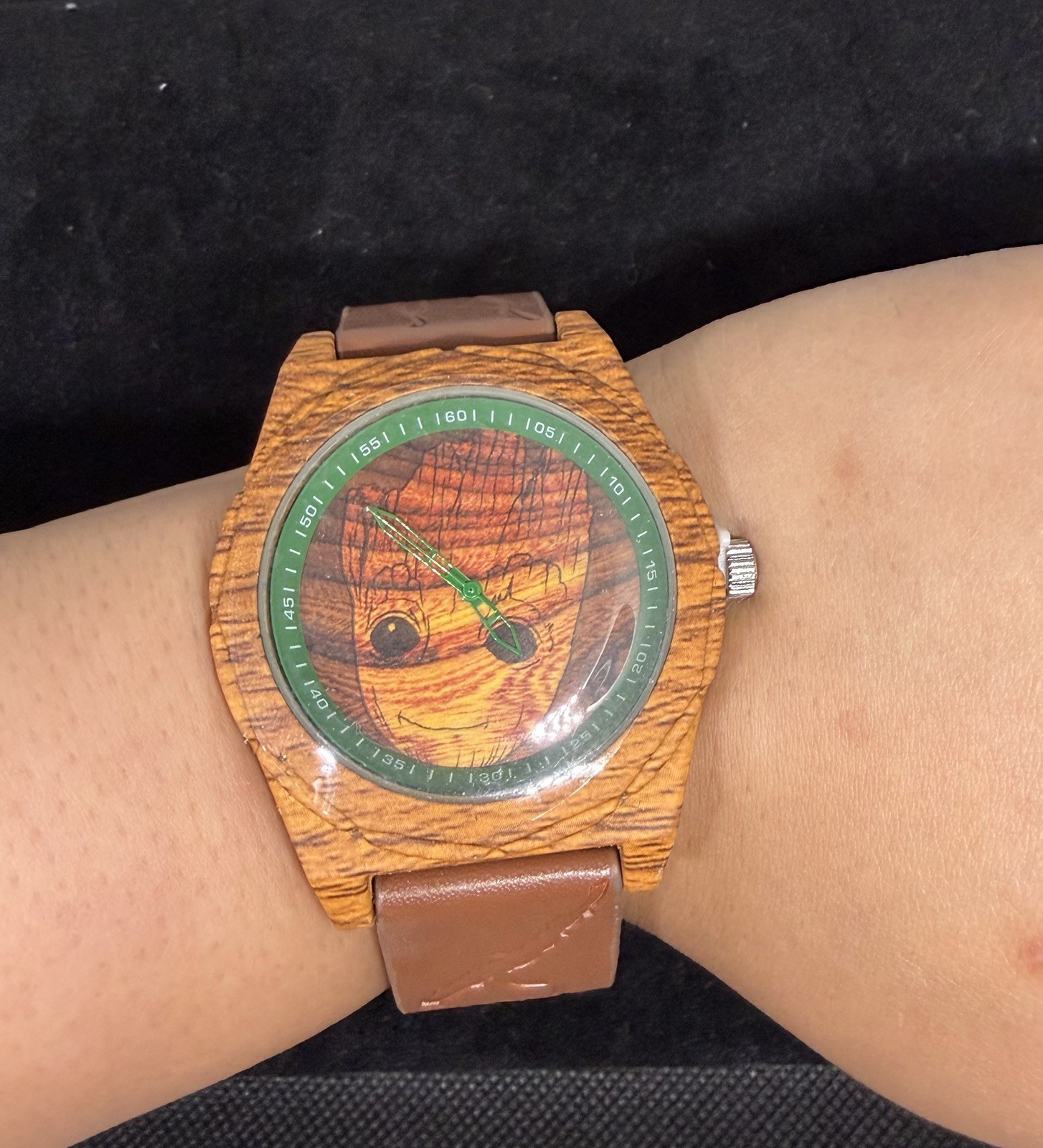 Marvel Groot Wood Case Quartz Analog Watch Brown Leather Strap 35mm Green Bezel