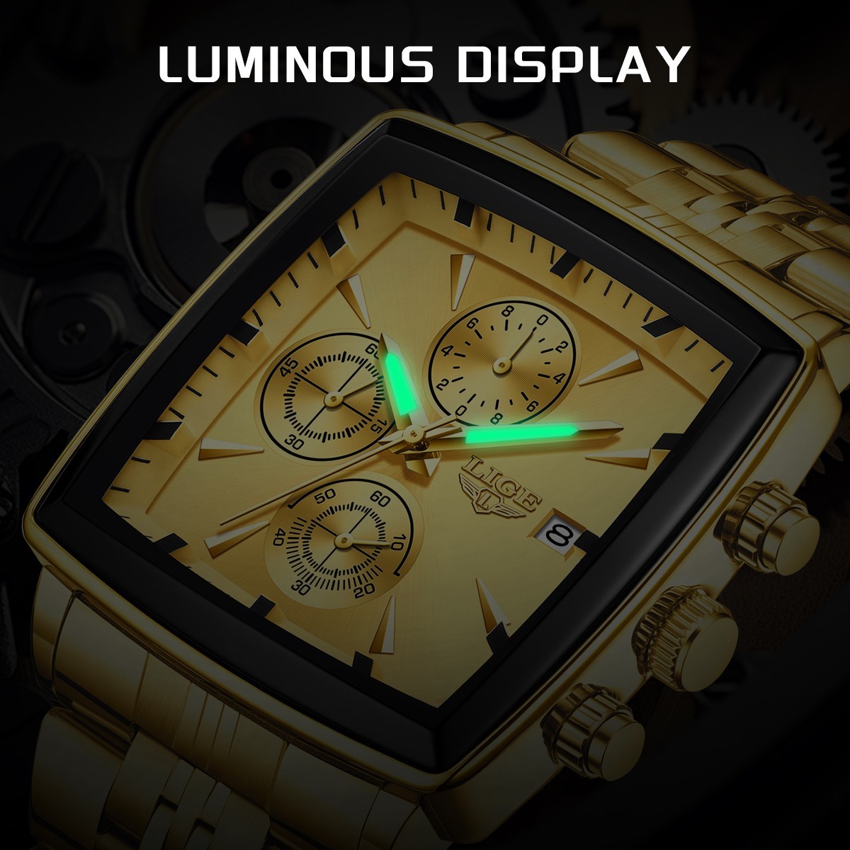 Mens Watch Quartz Multifunction Luminous Chronograph Male Steel Wristwatch Gold