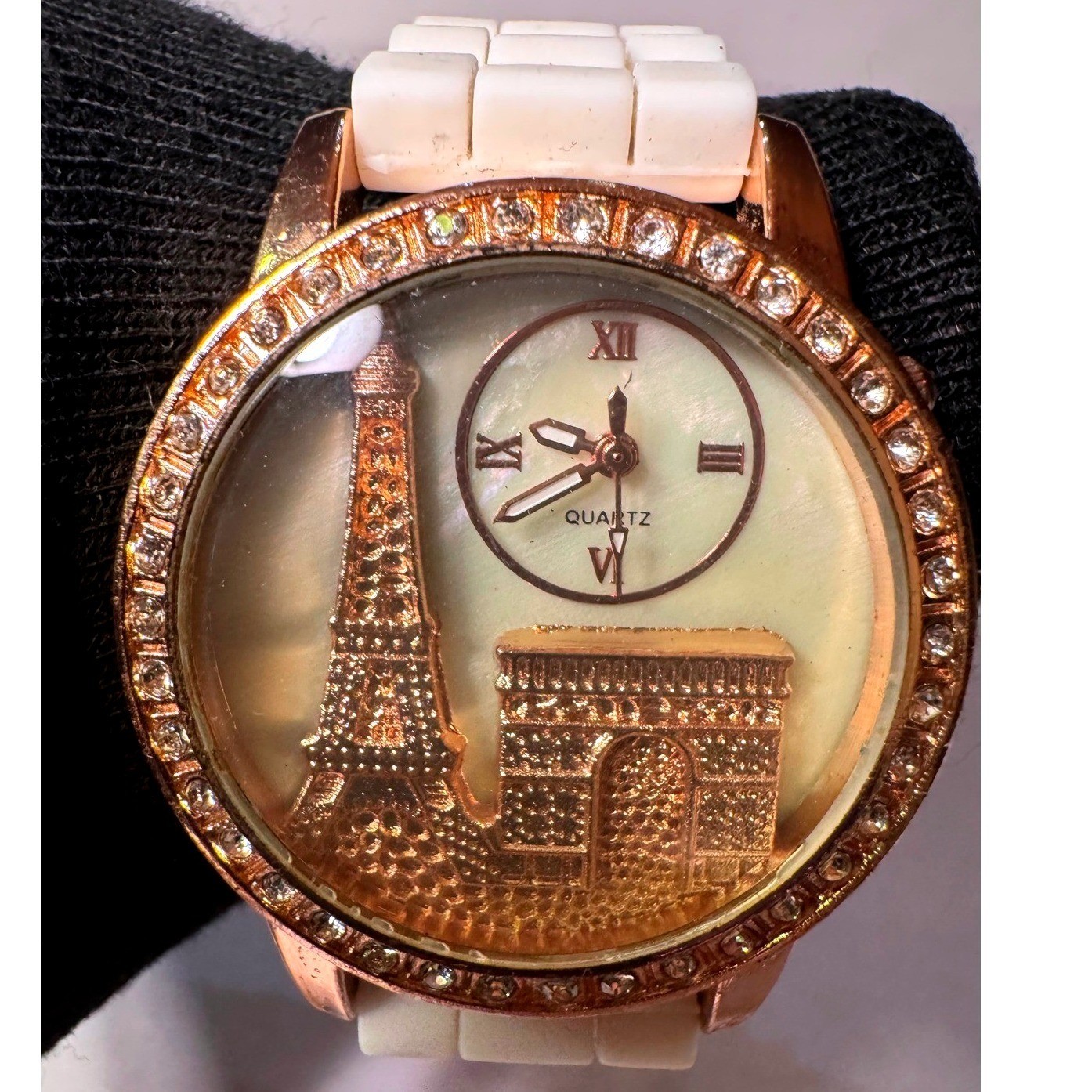 Paris Eiffel Tower Rose Gold Rhinestone Quartz Watch White Silicone Band