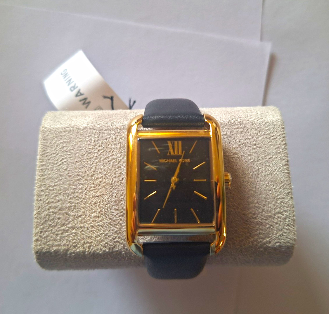 Michael Kors Women’s Rectangle Gold-Tone Black Dial Quartz Strap w/ Box