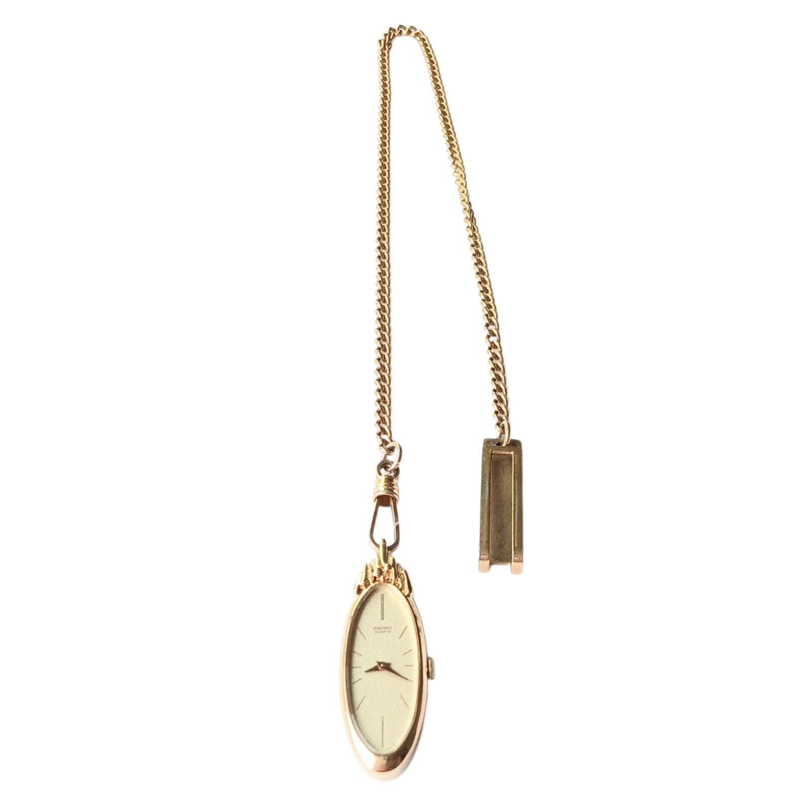VINTAGE SEIKO POCKET WATCH QUARTZ CLIP OVAL GOLD 1820-5520 RUNNING FROM JAPAN