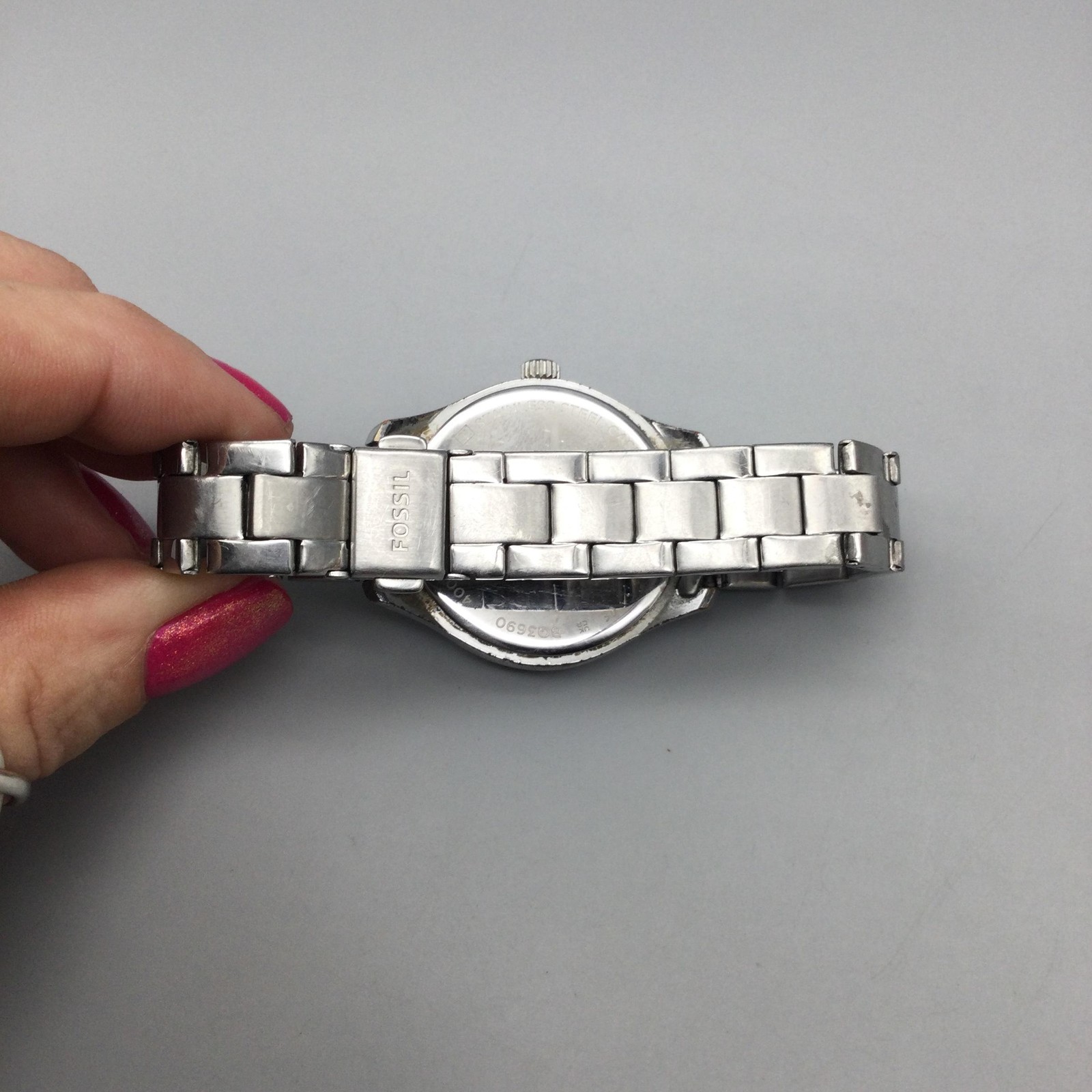 Fossil Rye BQ3590 Womens Watch 35mm Silver Tone Day Date New Battery 7″
