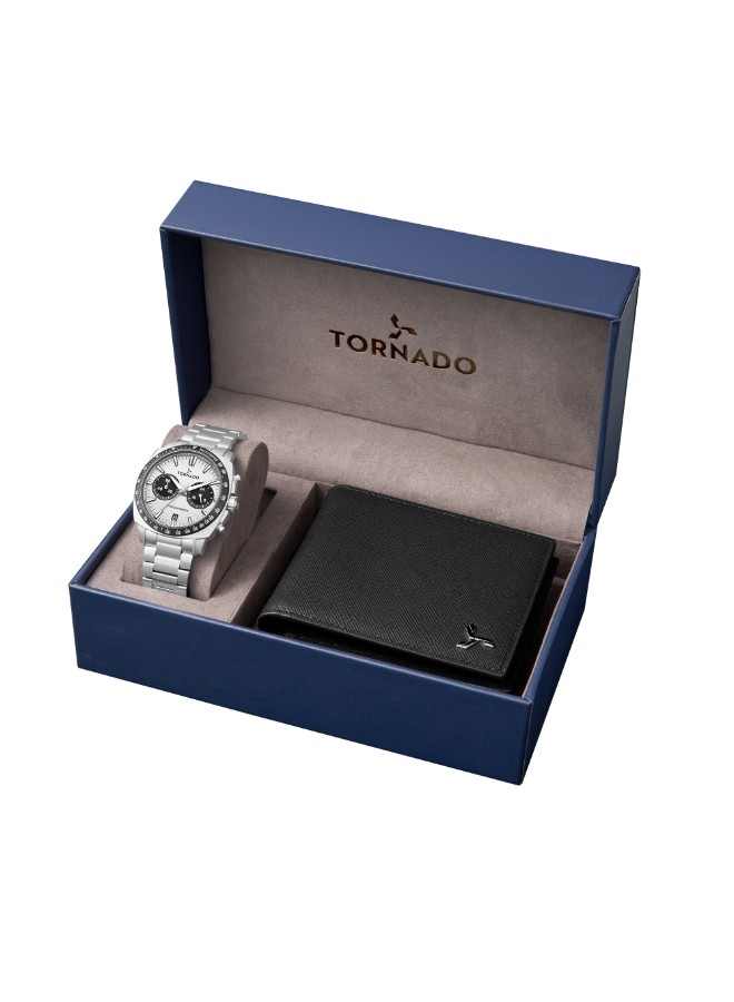 Tornado Men’s Chronograph Watch | White Dial, Silver Band, 42mm, 100 m (10 ATM)