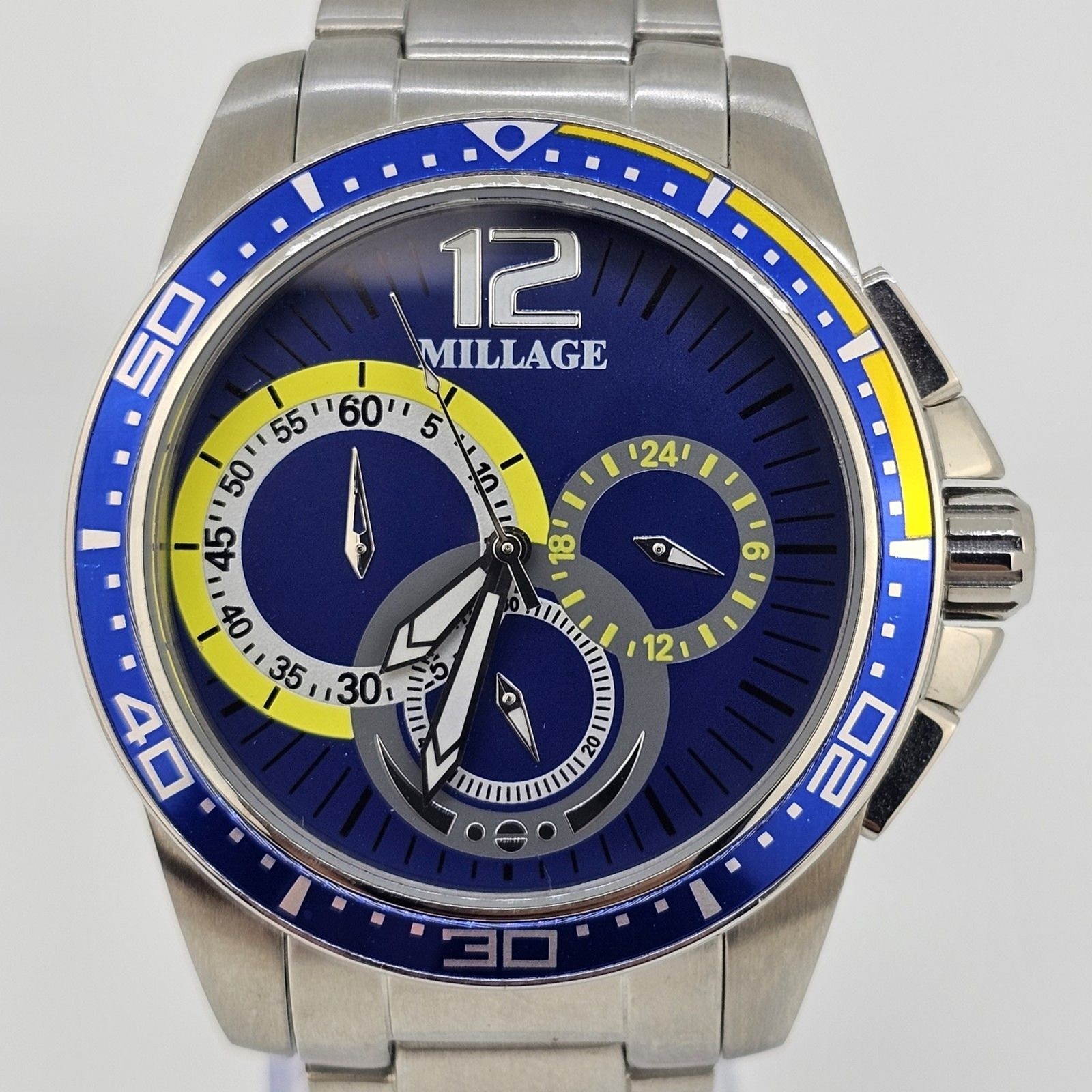 Millage Men’s Watch 44MM Blue Dial Gray Bracelet Band 6.5″ Wrist New Battery