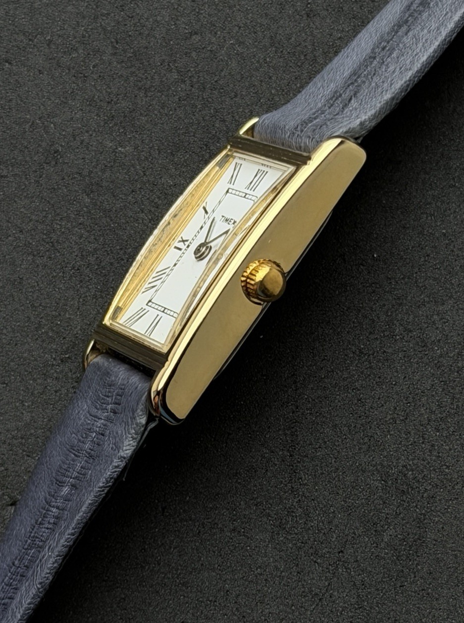 Vtg New 1997 TIMEX Tank Womens 32mm Quartz Watch Gold White Roman Num Gray EEL