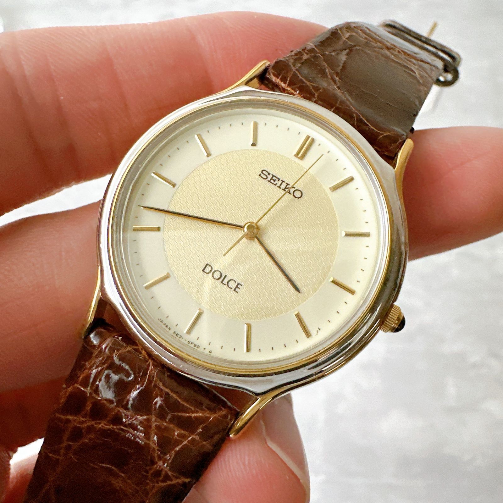 SEIKO Dolce 5E31 6D60 Gold Combination Ivory Dial Men’s Quartz Dress Watch Leath