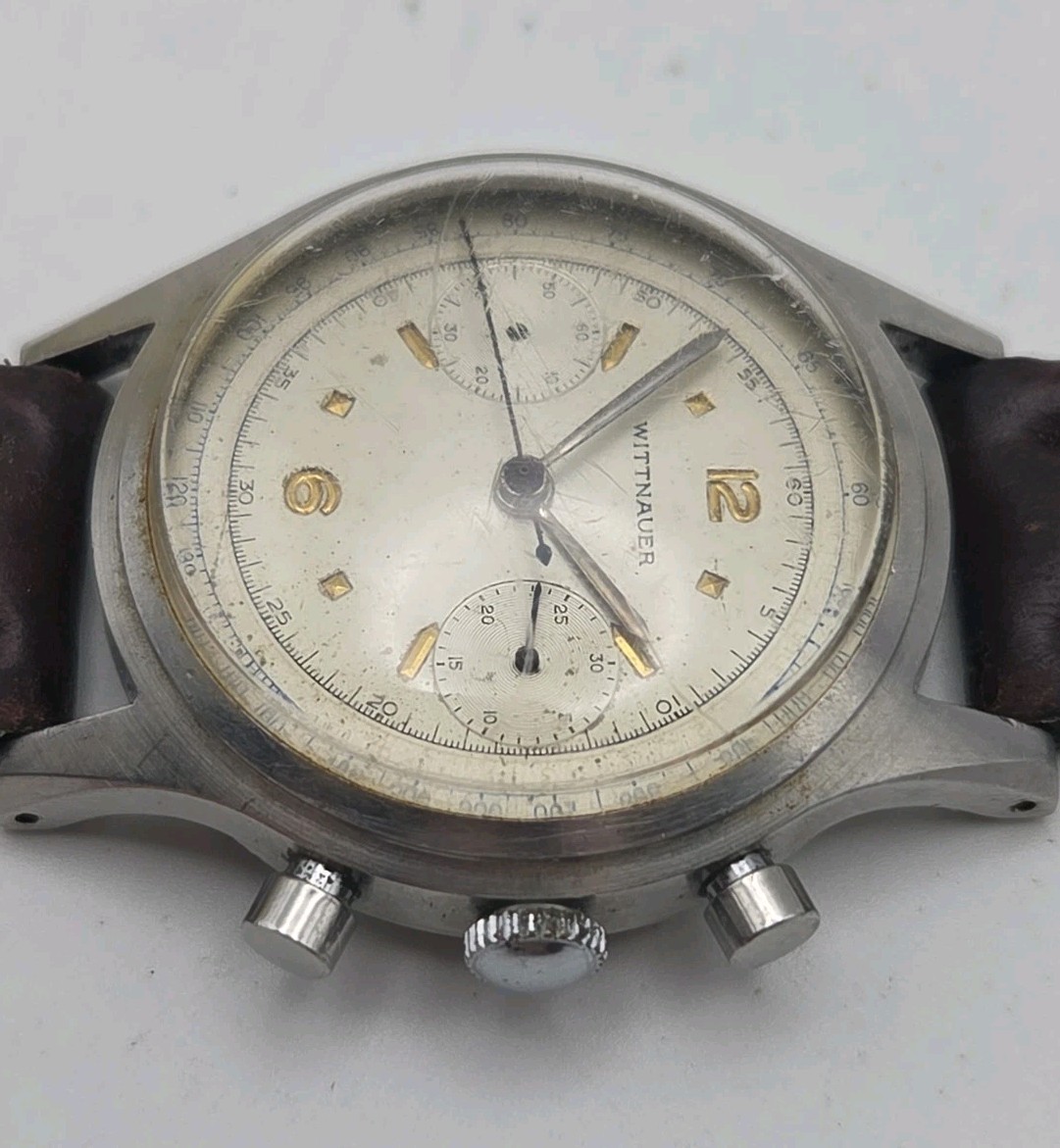 Vtg 1950s Wittnauer 36mm SS Case Two Register Chronograph Original Dial Watch
