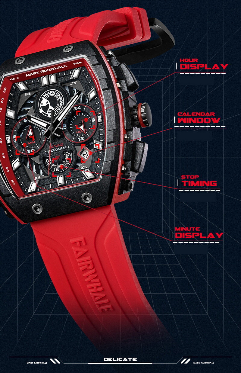 MARK FAIRWHALE Tonneau Luminous Multifunction Chronograph Calendar Quartz Watch