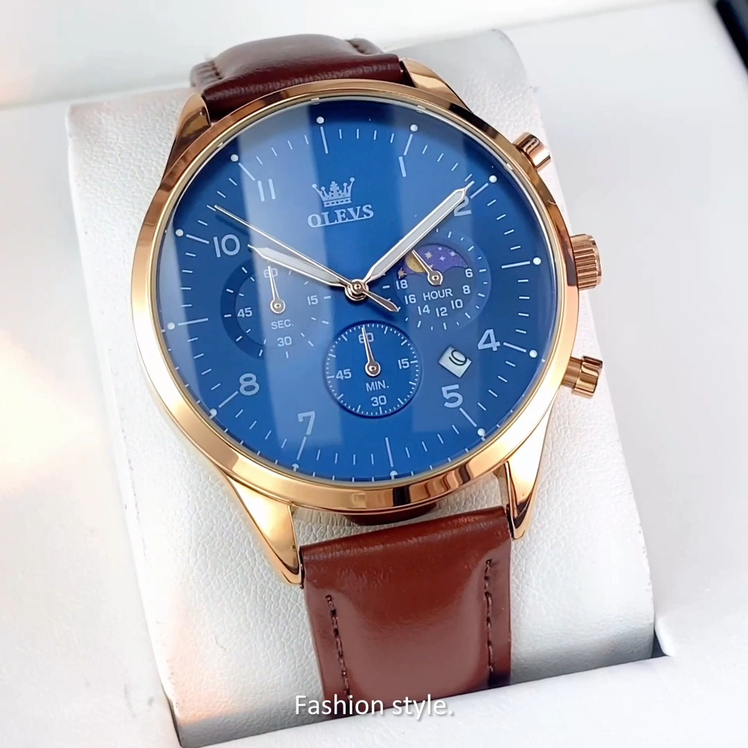 OLEVS 2882 Luminous Multifunctional Male Genuine Leather Classic Quartz Watch