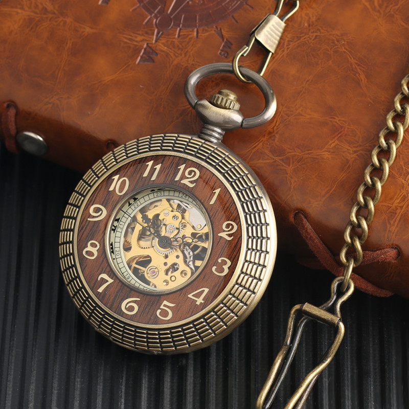 Men’s Luxury Mechanical Pocket Watch Chain Wood Case Retro with Chain Xmas Gift