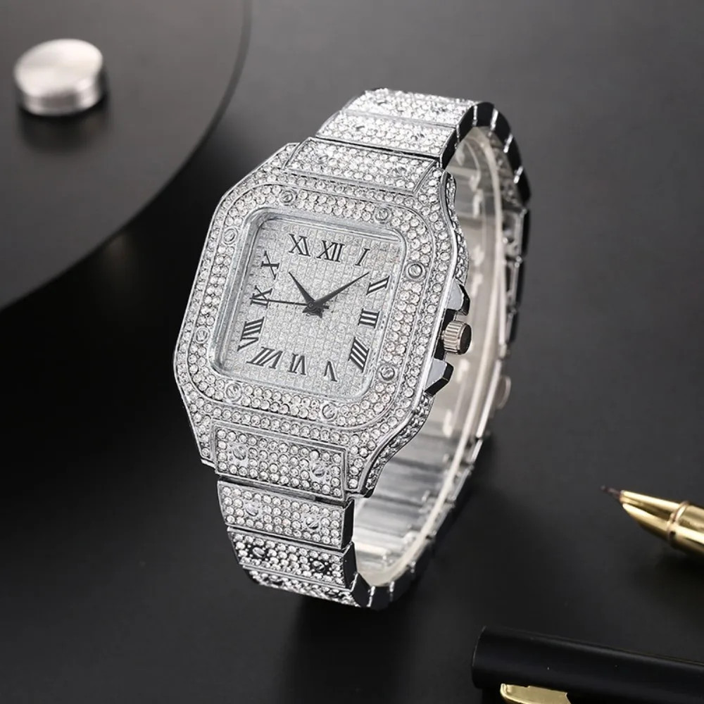 Luxury Men’s Quartz Watch Steel Strap Square Roman Dial Business Wristwatch