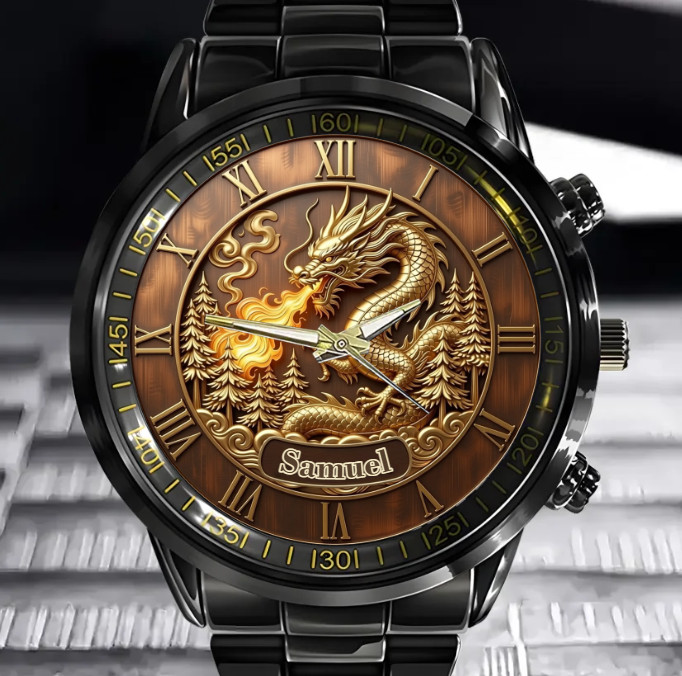 Personalized Winged Dragon Watch Gift for Men Dad Black Stainless Steel Watch