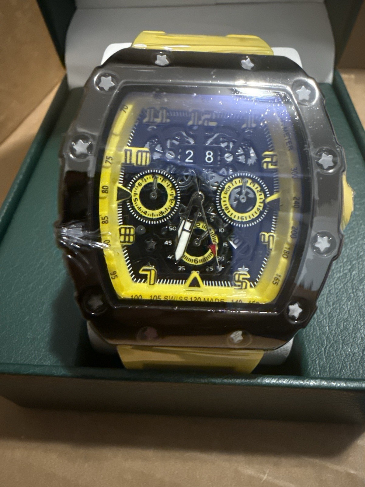 Men’s Tonneau Chronograph Analog Wristwatch Black Case Yellow Rubber Strap Box
