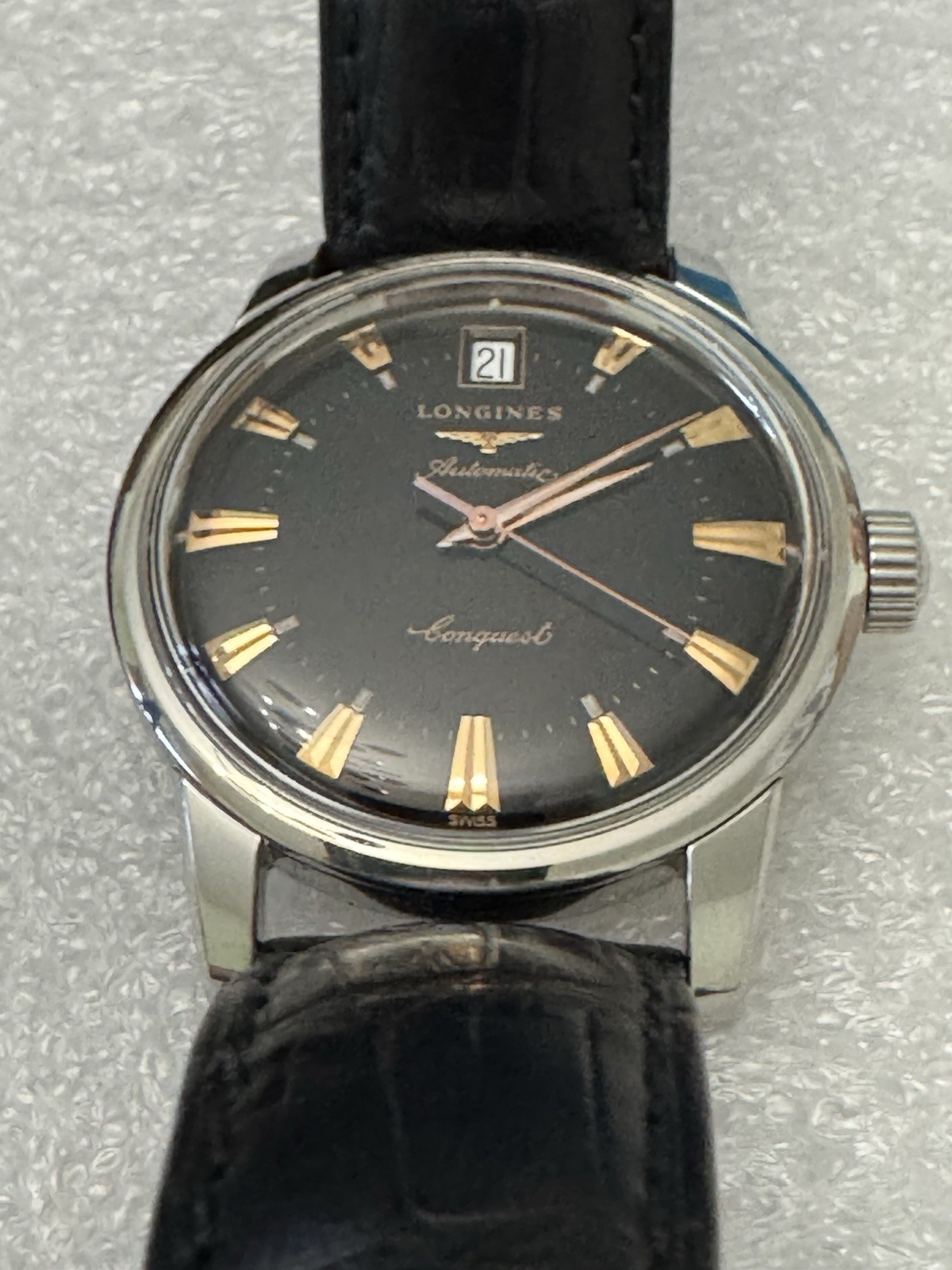 Longines Conquest Automatic Black Dial Date Alligator Leather Strap Watch