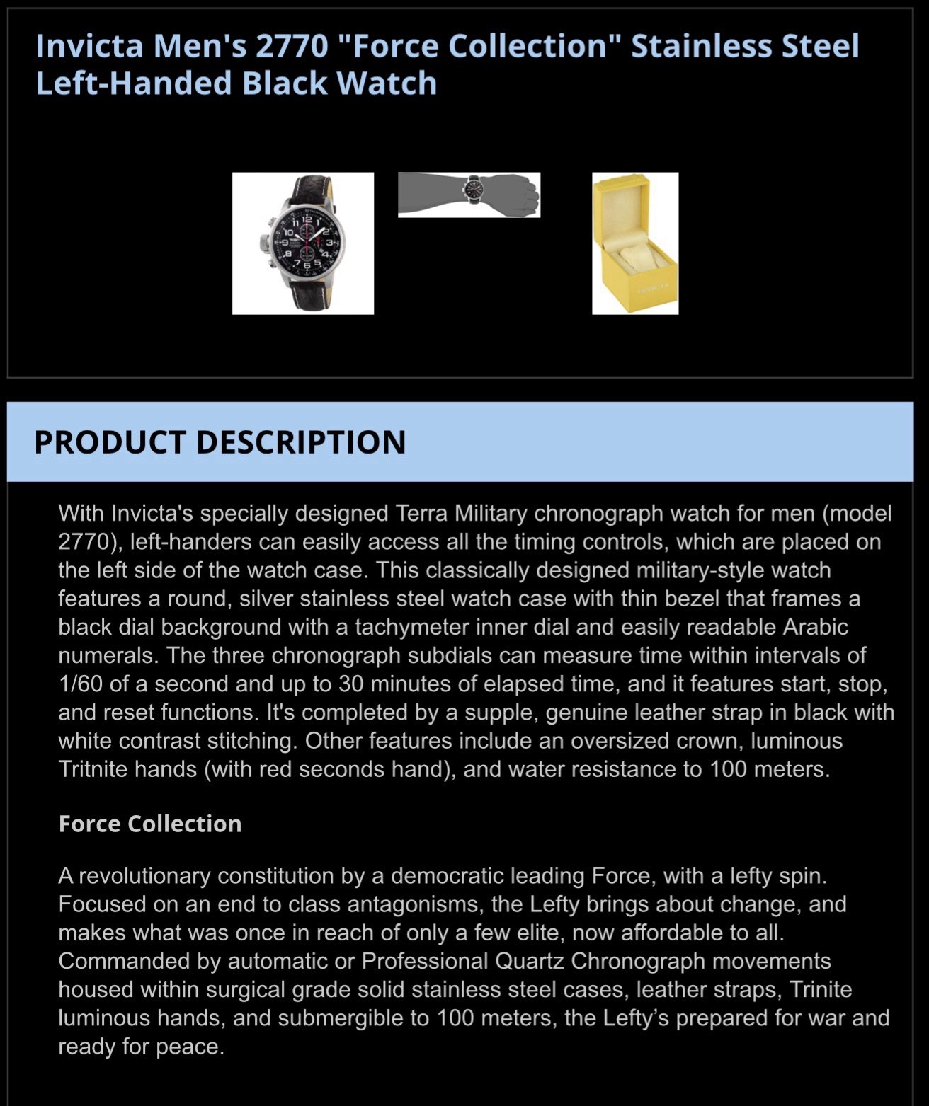 Invicta Men’s 2770 “Force Collection” Stainless Steel Chronograph Black Watch