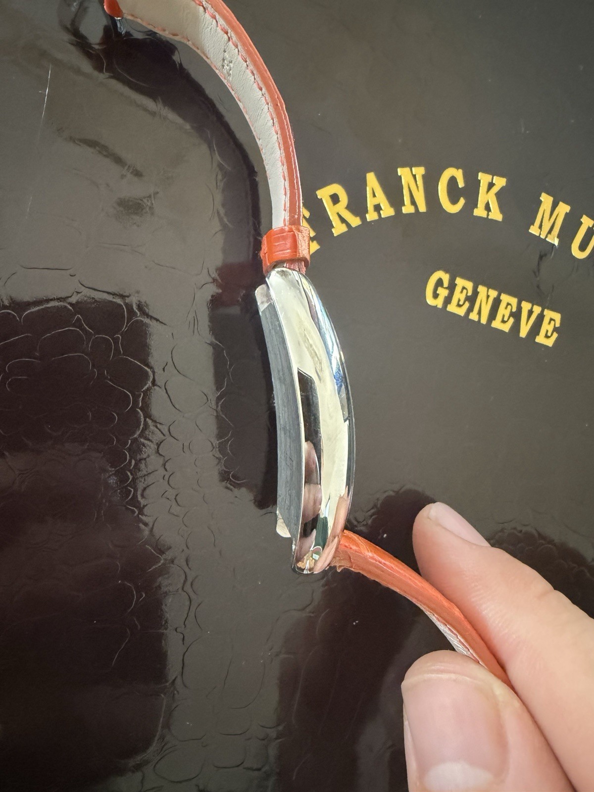 Franck Muller Relief Curvex Automatic Silver Dial Orange Leather Strap Box