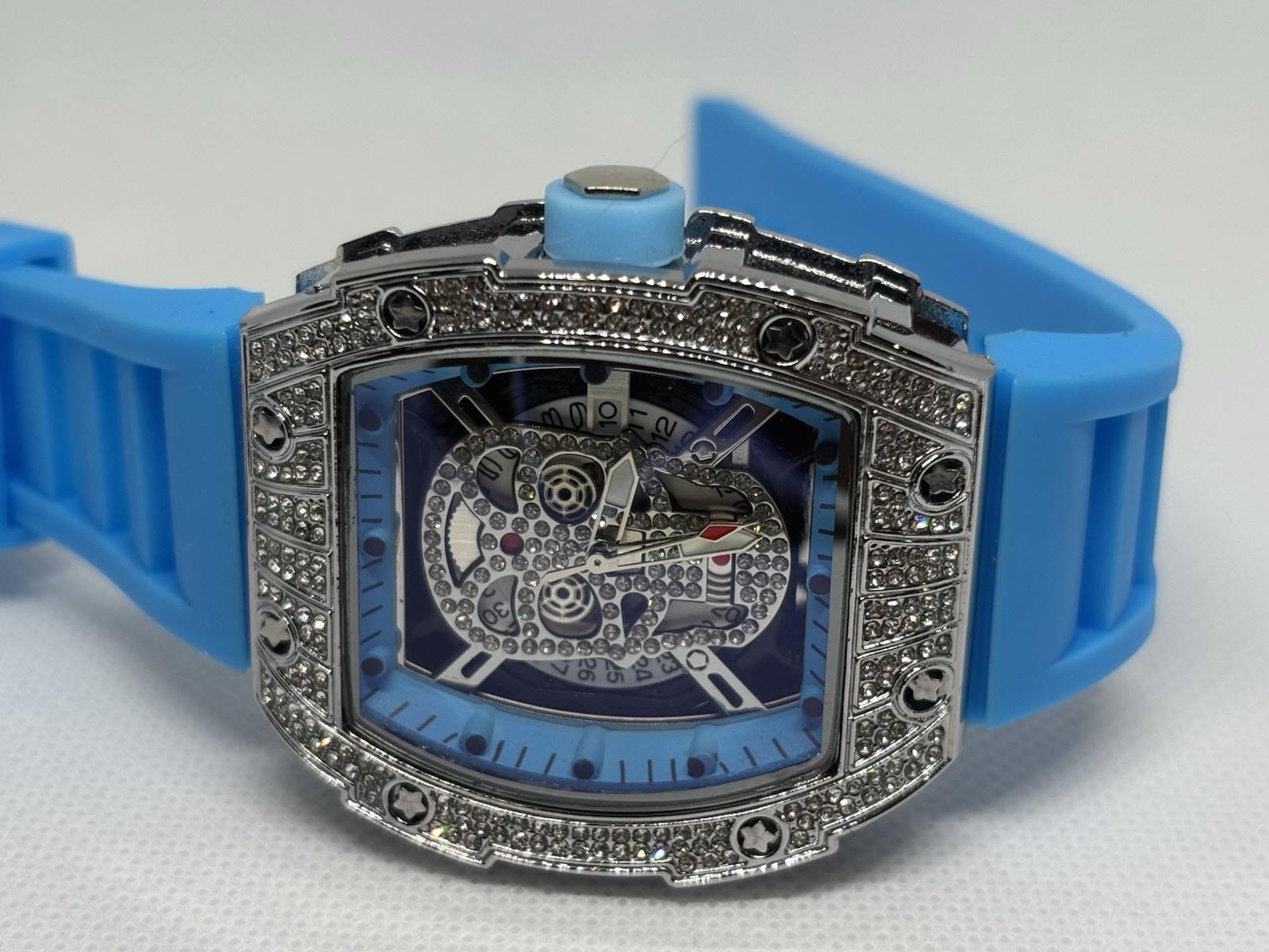 MENS Blue Skull Dial Crystal Quartz Watch Blue Rubber Strap NEW w/ Box