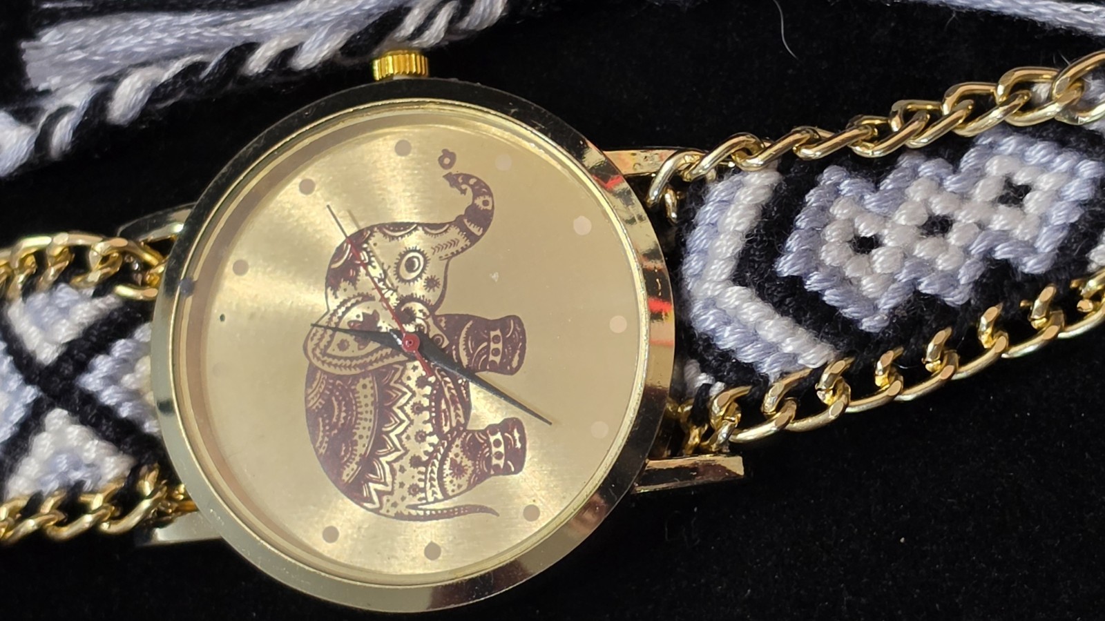 Women’s Elephant Dial Wrap Wristwatch Gold Tone Case Black/White Fabric Strap