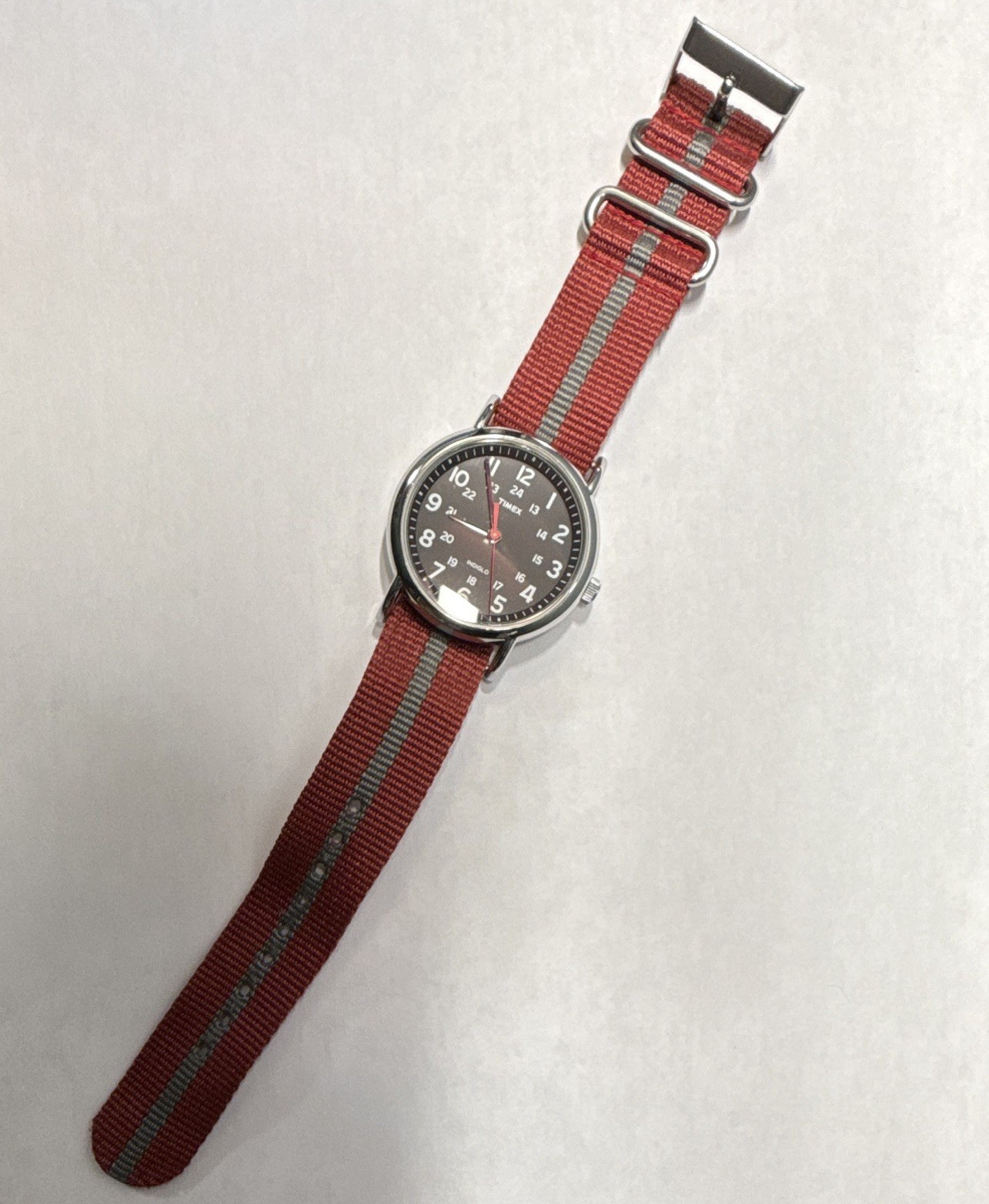 Timex Weekender 38mm Black Dial Quartz Watch Red/Gray Nylon Strap WR30m