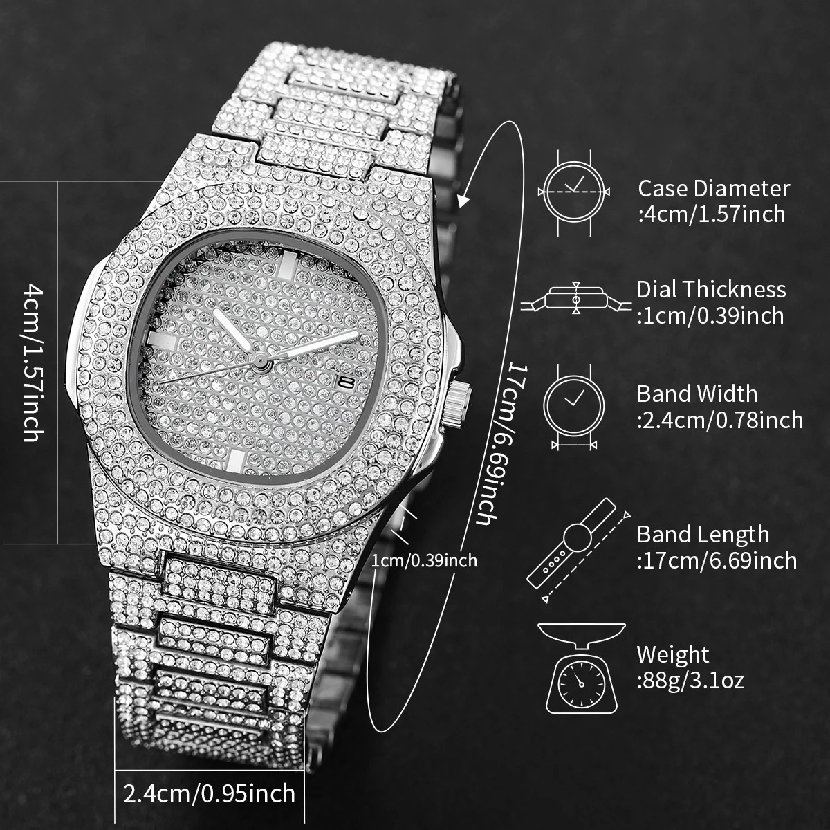 Luxury Full Diamond Men’S Stainless Steel Watches Male Sports Quartz Wristwatch