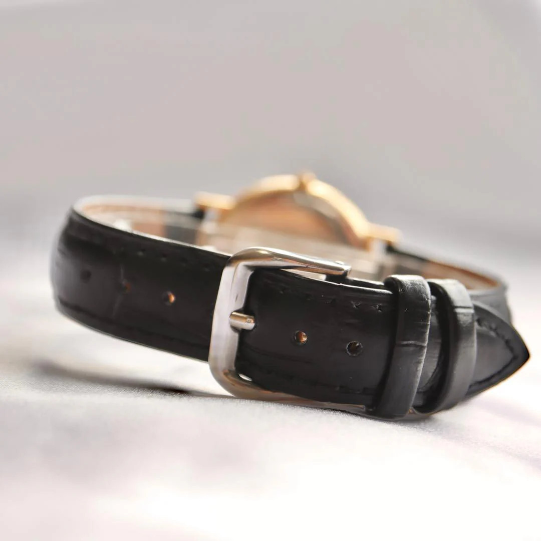 BURBERRY Quartz 34mm Gold Shell Roman Dial Black Strap Mens Watch
