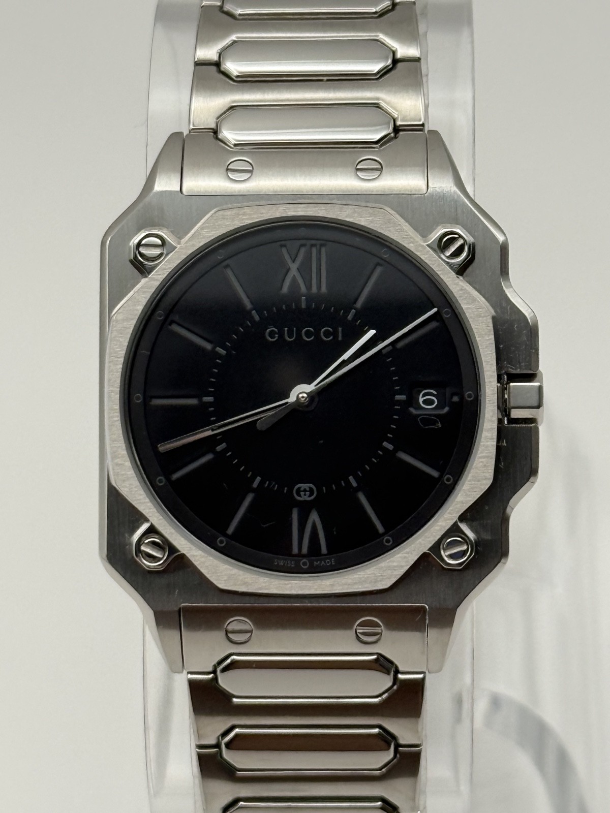 Gucci G-Flat 30mm Black Dial Stainless Steel Bracelet Watch YA166505