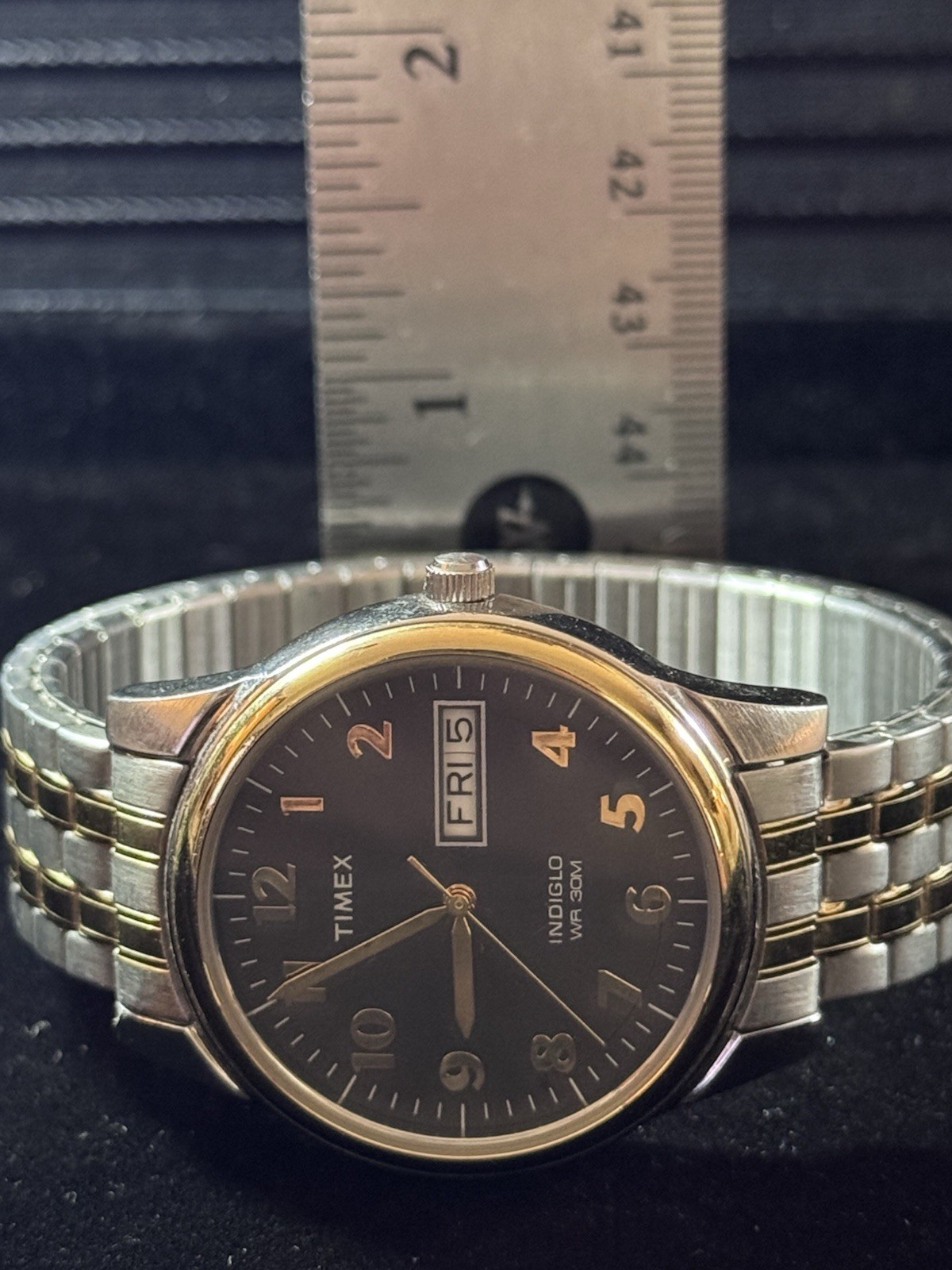 Timex Indiglo Day/Date Quartz Two-Tone SS Bracelet 30m Black Dial Analog