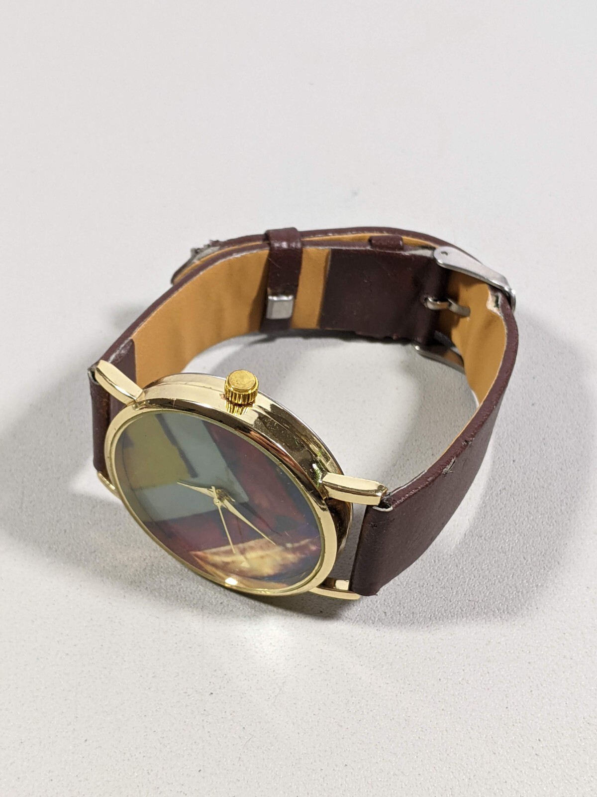 Yellow White Red Blue Dial Gold Tone Round Case 37 mm Brown Faux Leather Watch