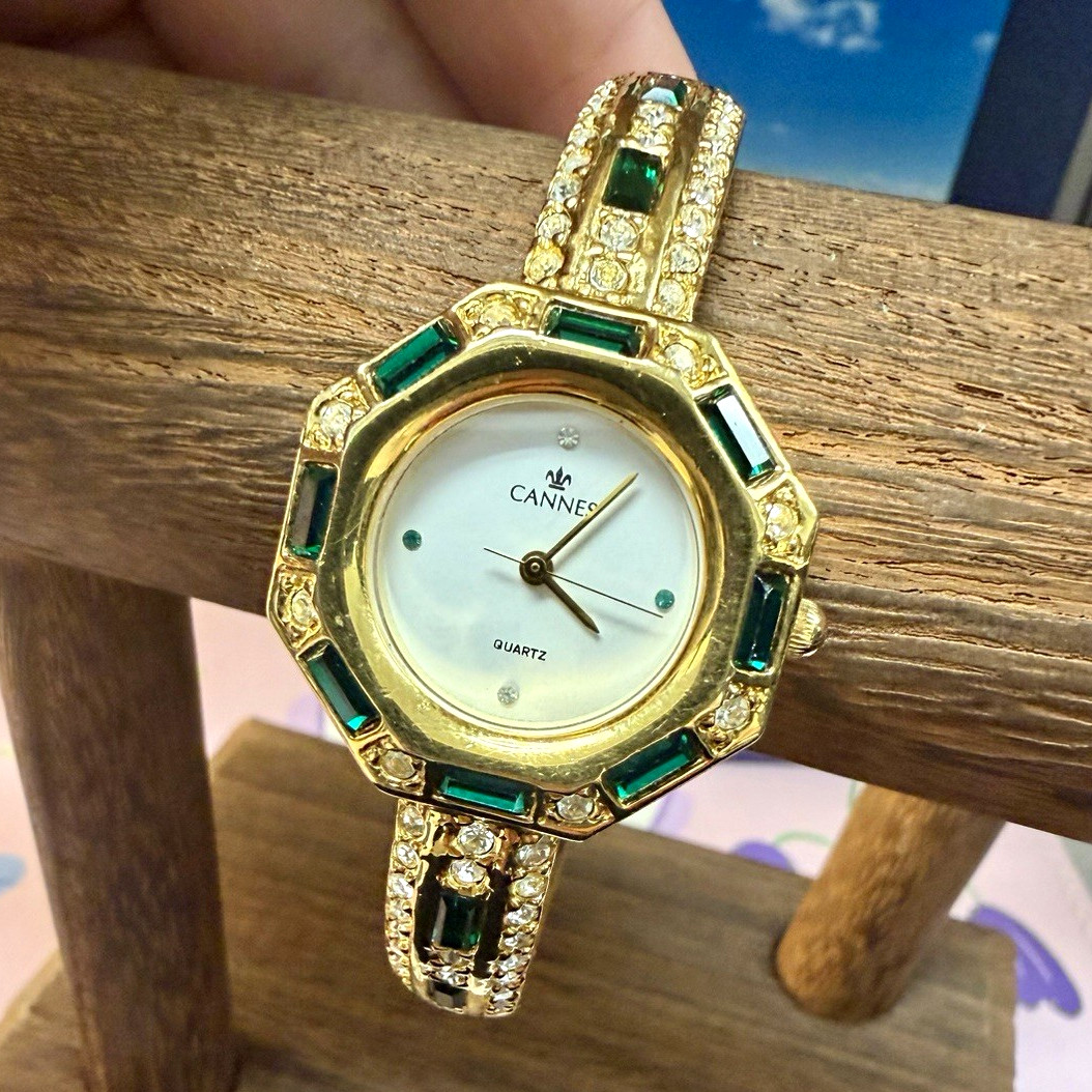 Cannes Women’s Quartz Watch Gold Tone Gem-Set Bezel (NEEDS NEW BATTERY)