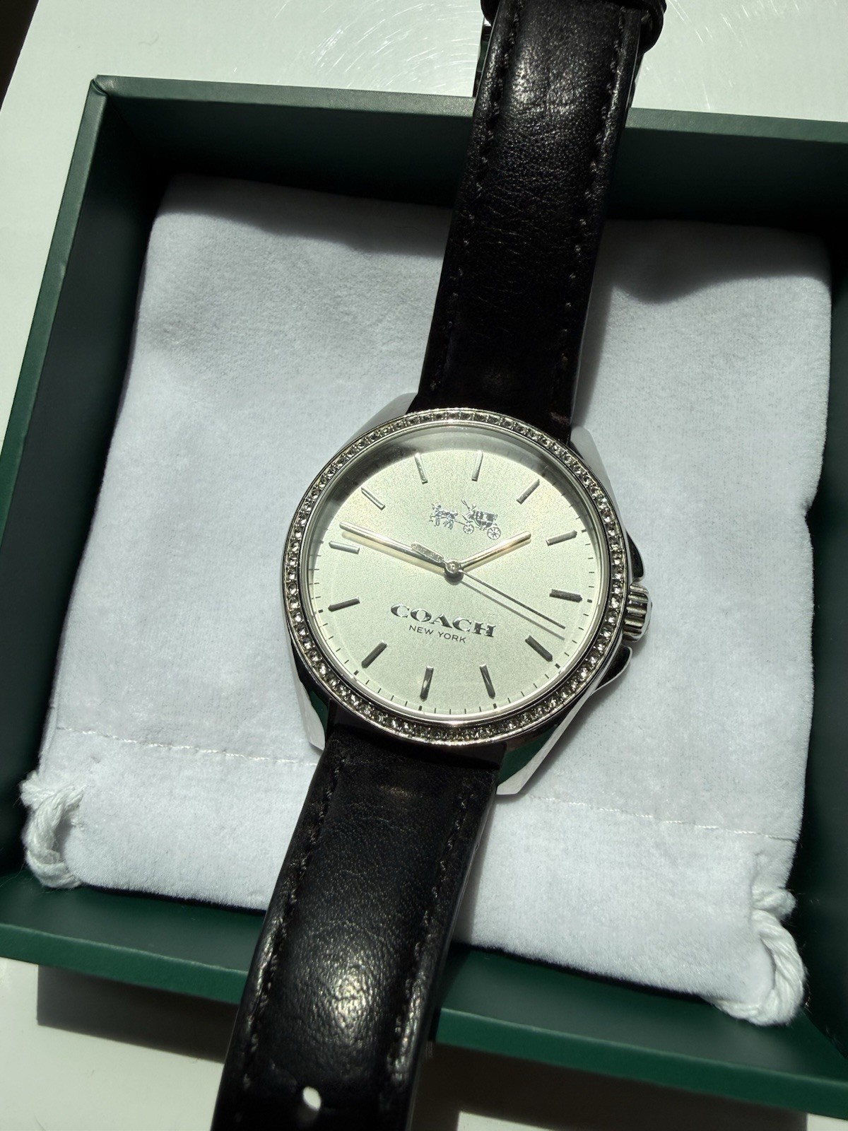 Coach Women’s Quartz Watch White Dial Black Leather Strap Silver 34mm 30m