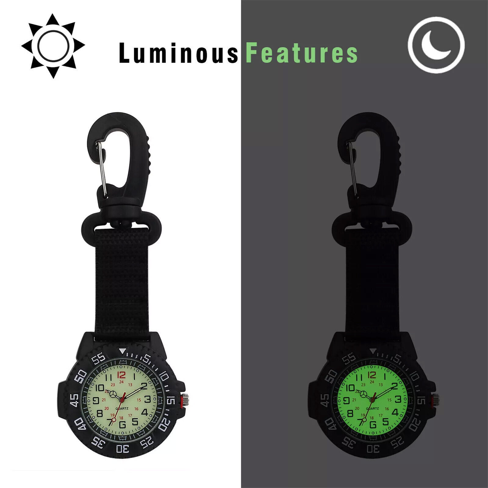 Outdoors Clip-On Carabiner Luminous Compass 24H Backpack Belt Fob Quartz WatchZr