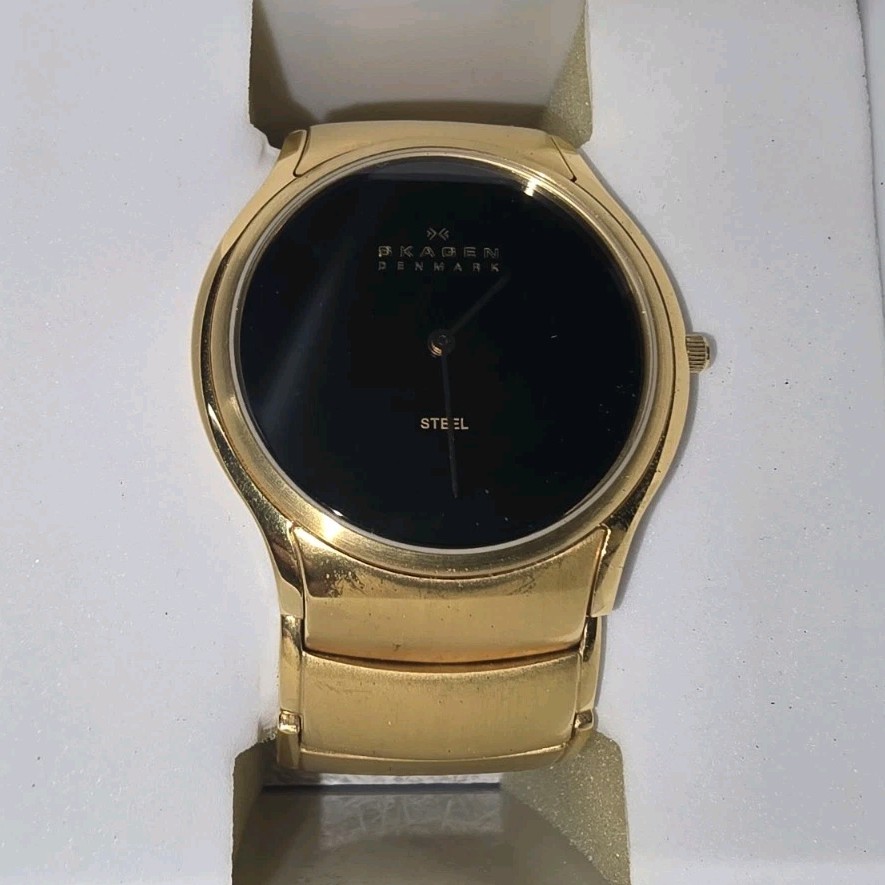 Skagen Denmark Gold Steel Analog Wristwatch Black Dial with Original Box