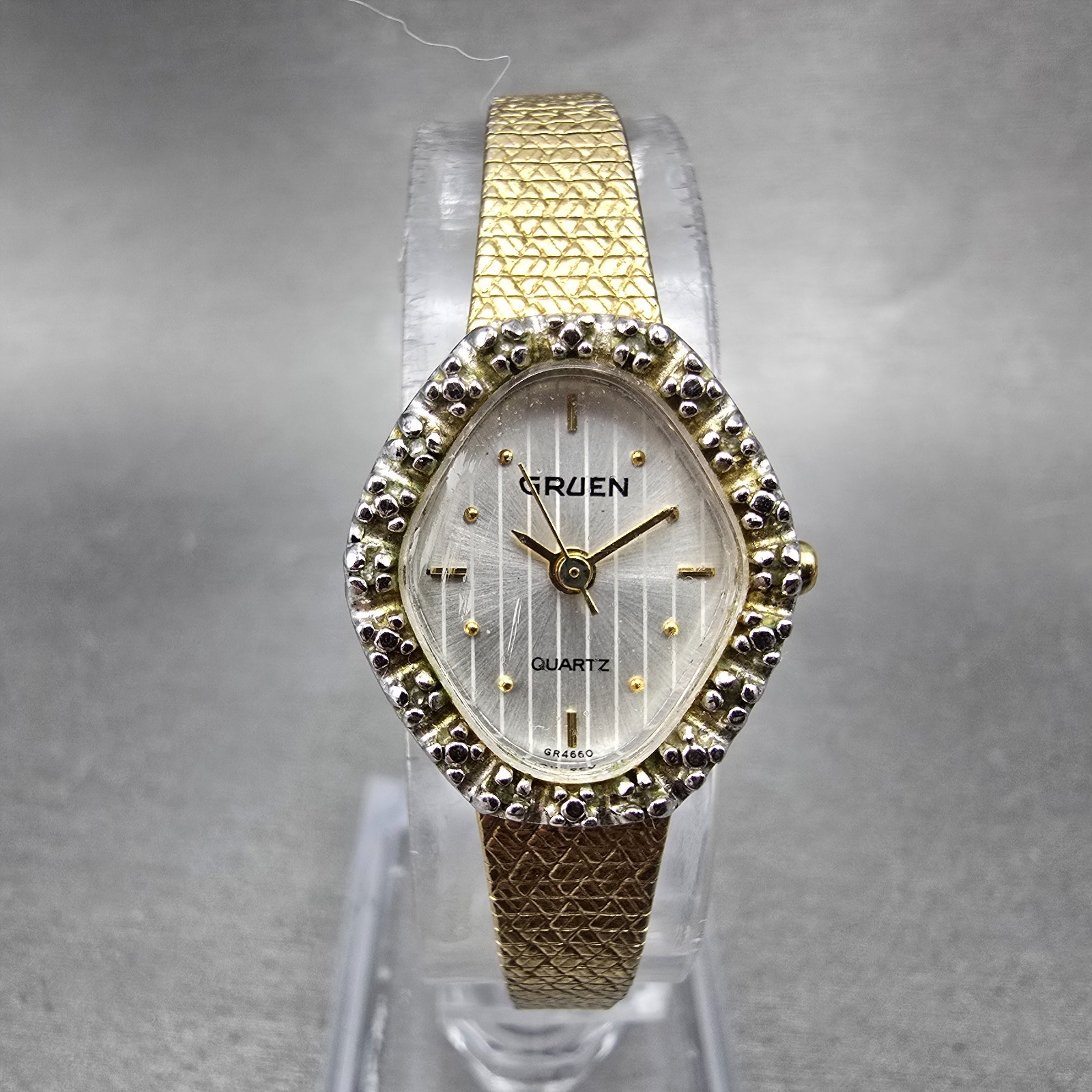 Gruen Watch Women 17mm Silver Dial Gold Tone Diamond bezel Oval New Battery