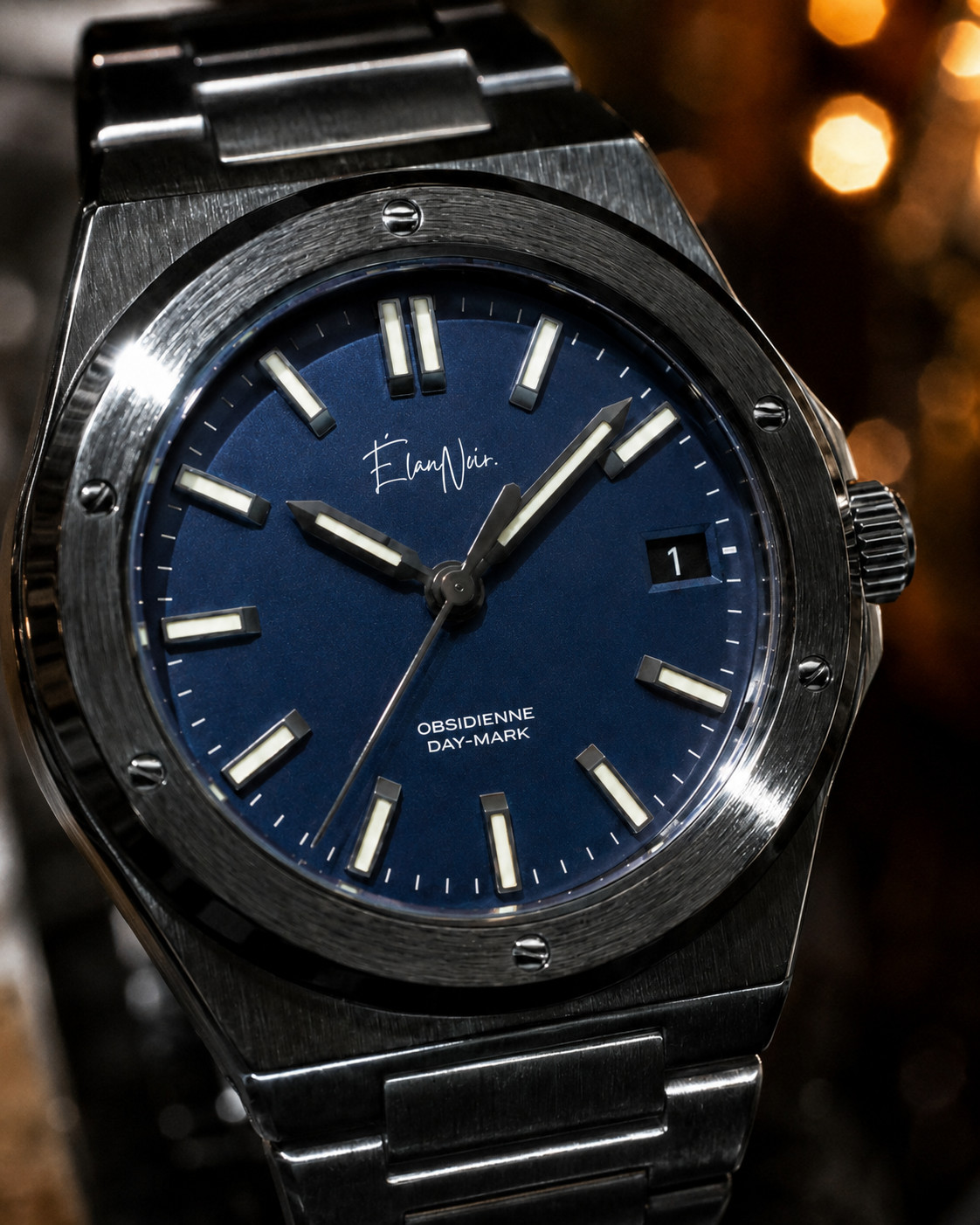 Custom Élan Noir Day-Mark Auto NH35 Watch Navy Blue Dial Sapphire Steel 41mm