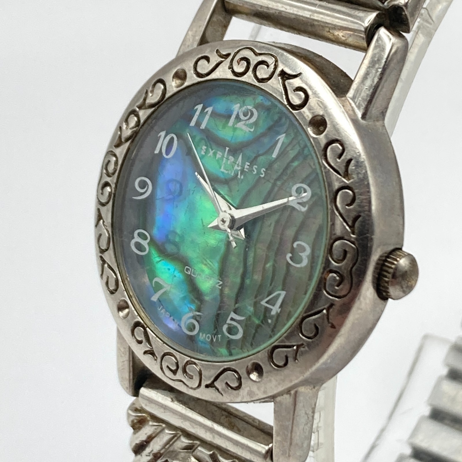 LA Express Womens Watch Abalone Heart 22mm Silver Tone Stretch New Battery 6″