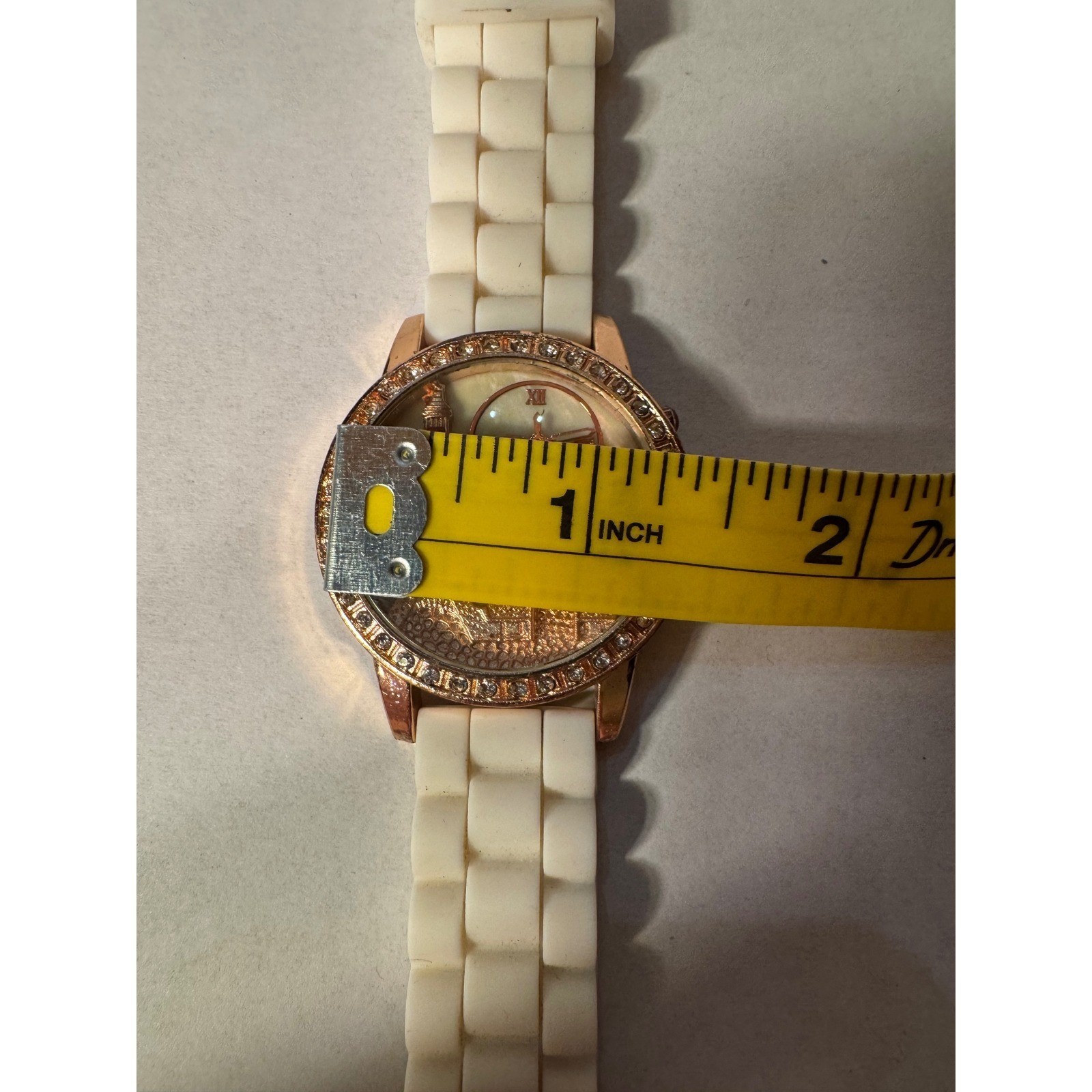 Paris Eiffel Tower Rose Gold Rhinestone Quartz Watch White Silicone Band
