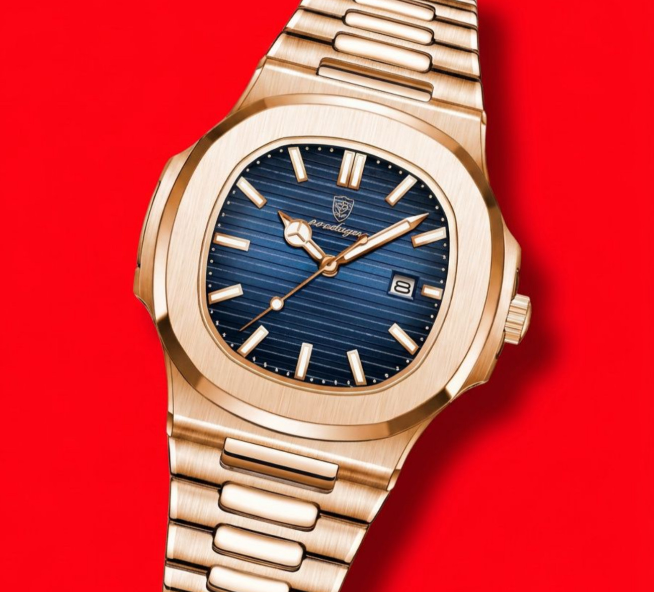 Mens Luxury Square Quartz Watch Stainless Steel Luminous Blue Dial Wristwatch