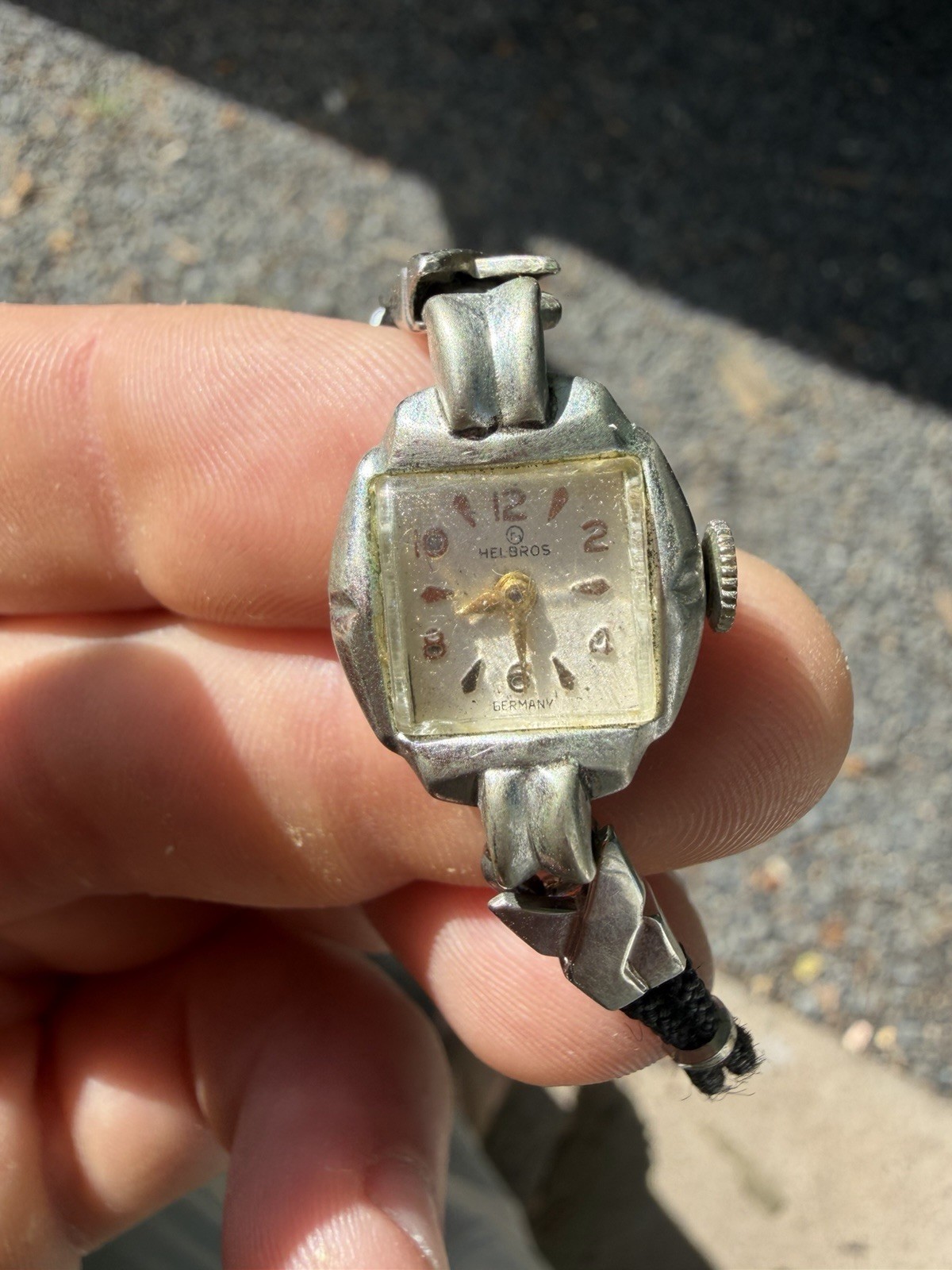 Helbros Vintage Women’s Square Mechanical Watch Silver Dial Arabic Black Band