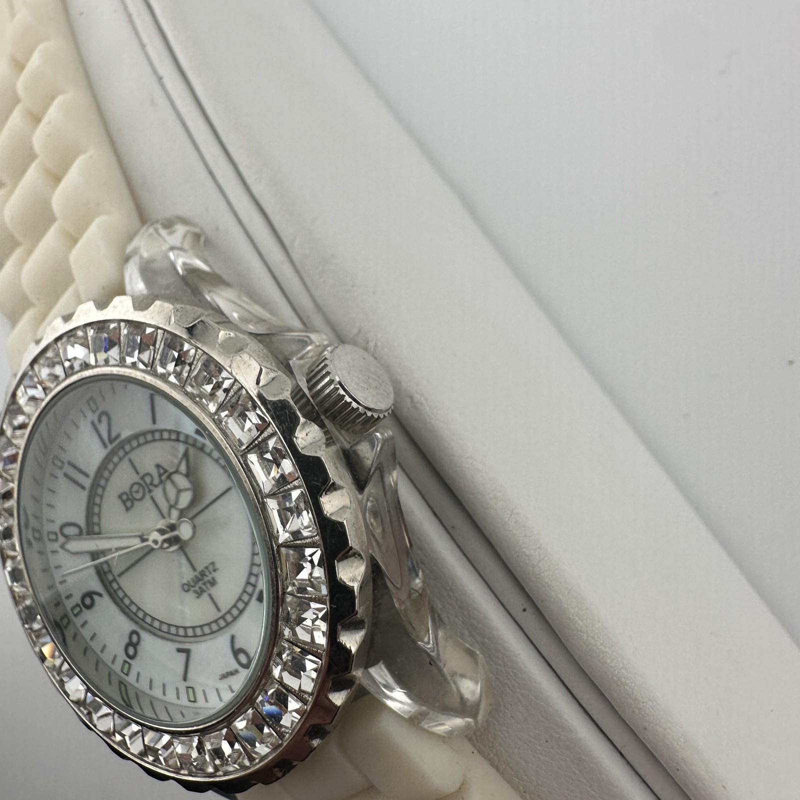 BORA Womens Watch 38mm White MOP Dial Crystal Bezel Silicone Band Quartz