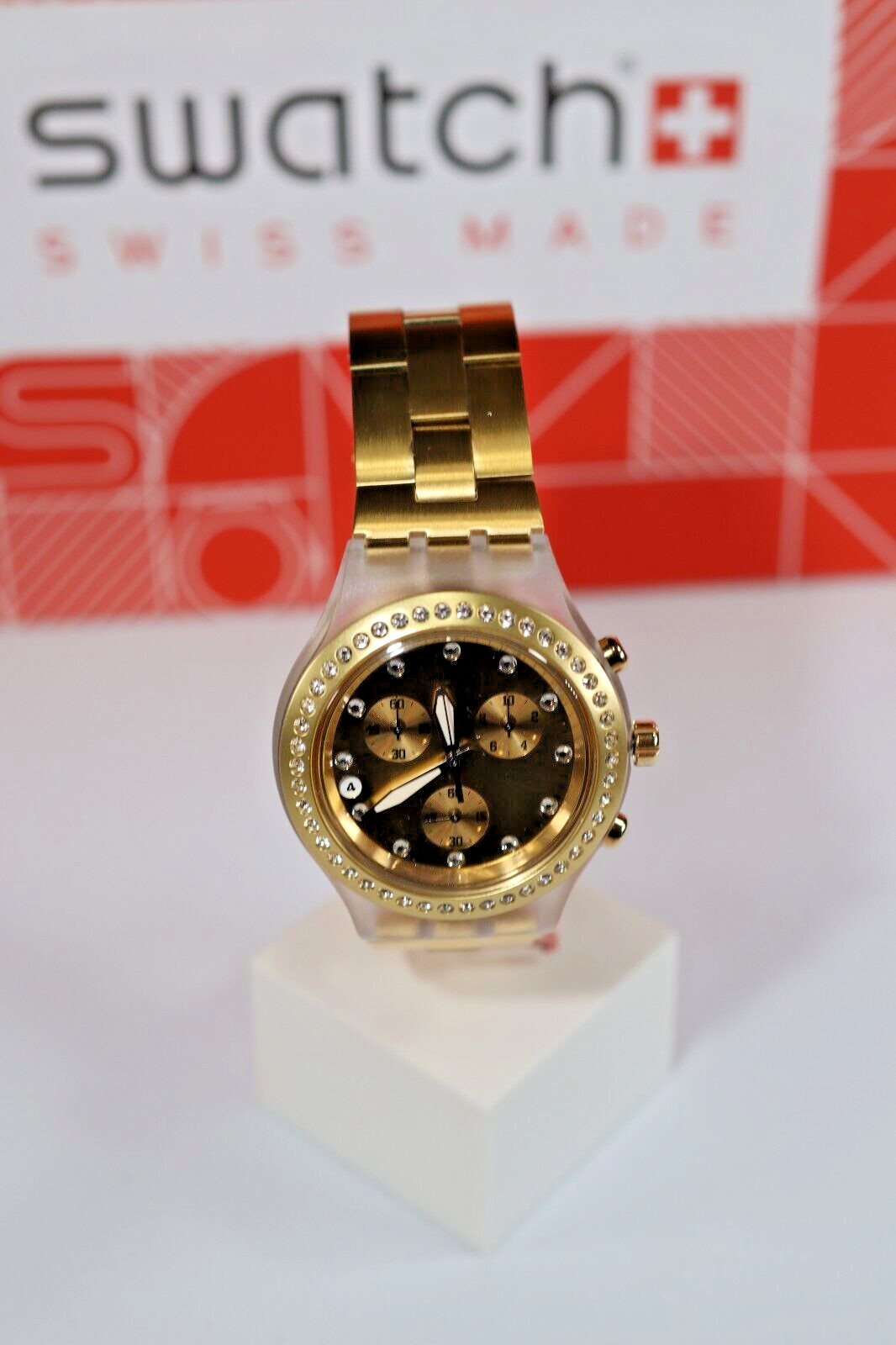 NEW LIMITED SWATCH IRONY FULL BLOODED GOLD CHRONO ALUMINUM 43MM WATCH SVCK4084