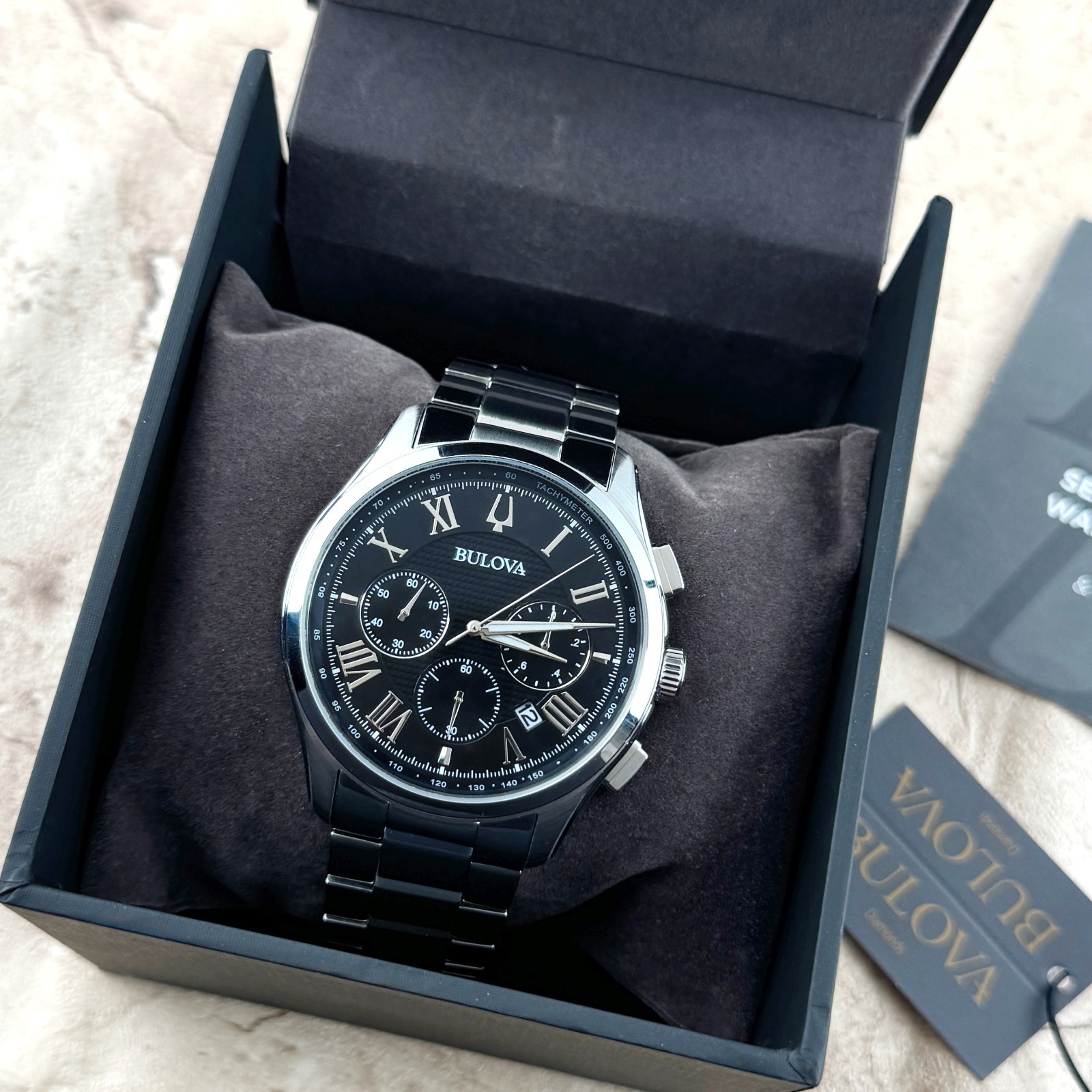 New Bulova Classic Dark BlackTextured Dial Chronograph Men’s Quartz Watch 96B288