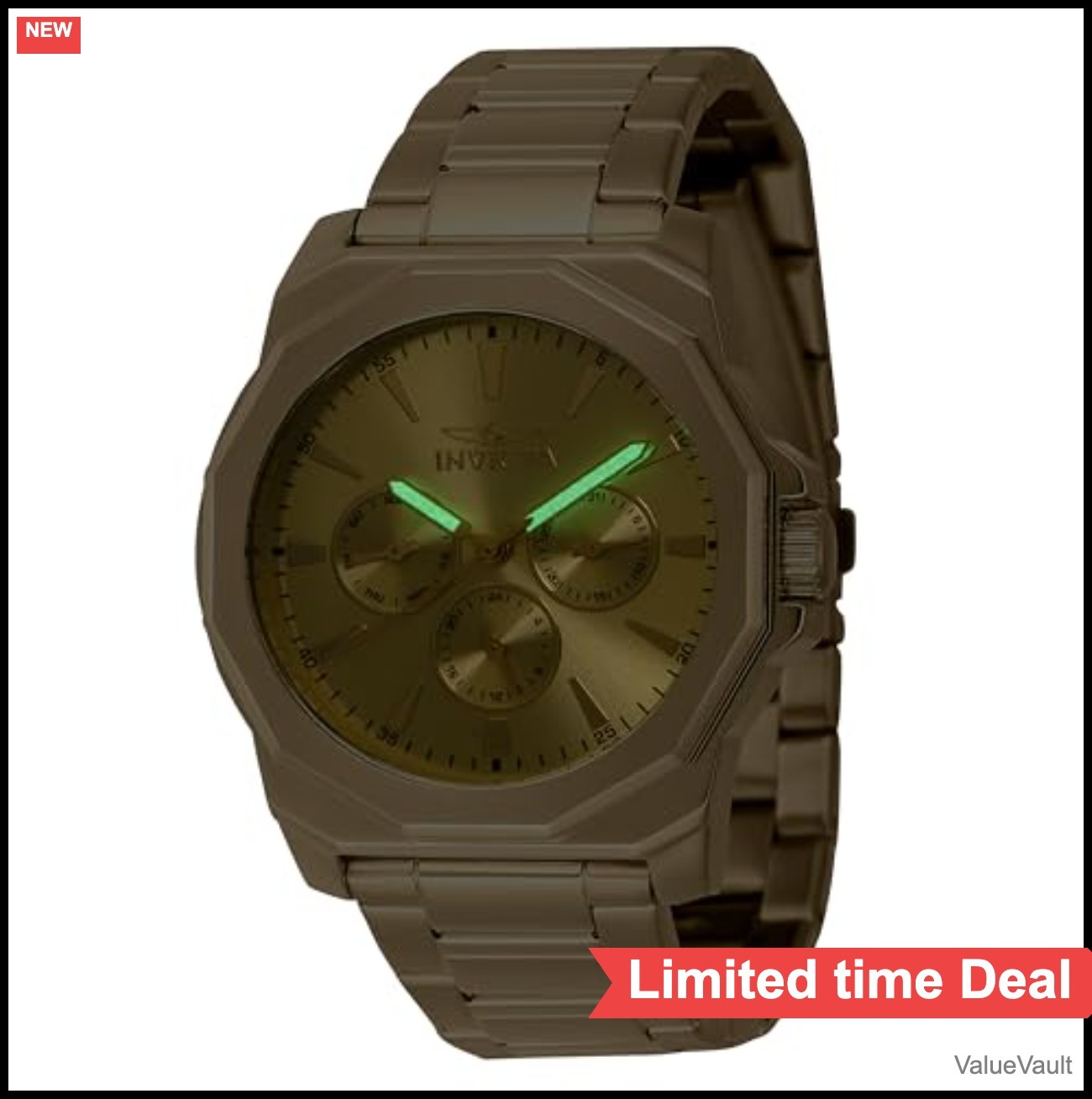 Men’s Quartz Watch 42mm Gold Stainless Steel Band 22mm Fold Over Clasp Push