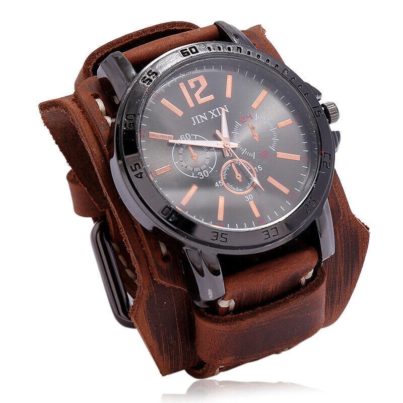 Men Retro Bracelet Watch Band Wide Leather Strap Cuff Vintage Quartz Wristwatchs