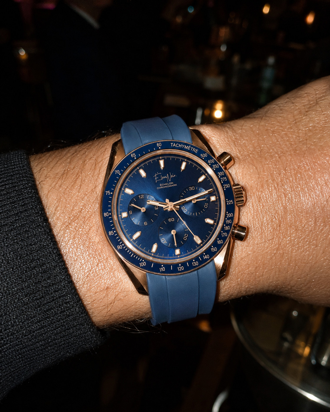 ÉlanNoir Chronograph Watch VK63 Navy Dial Rose Case Sapphire Crystal Steel 40mm