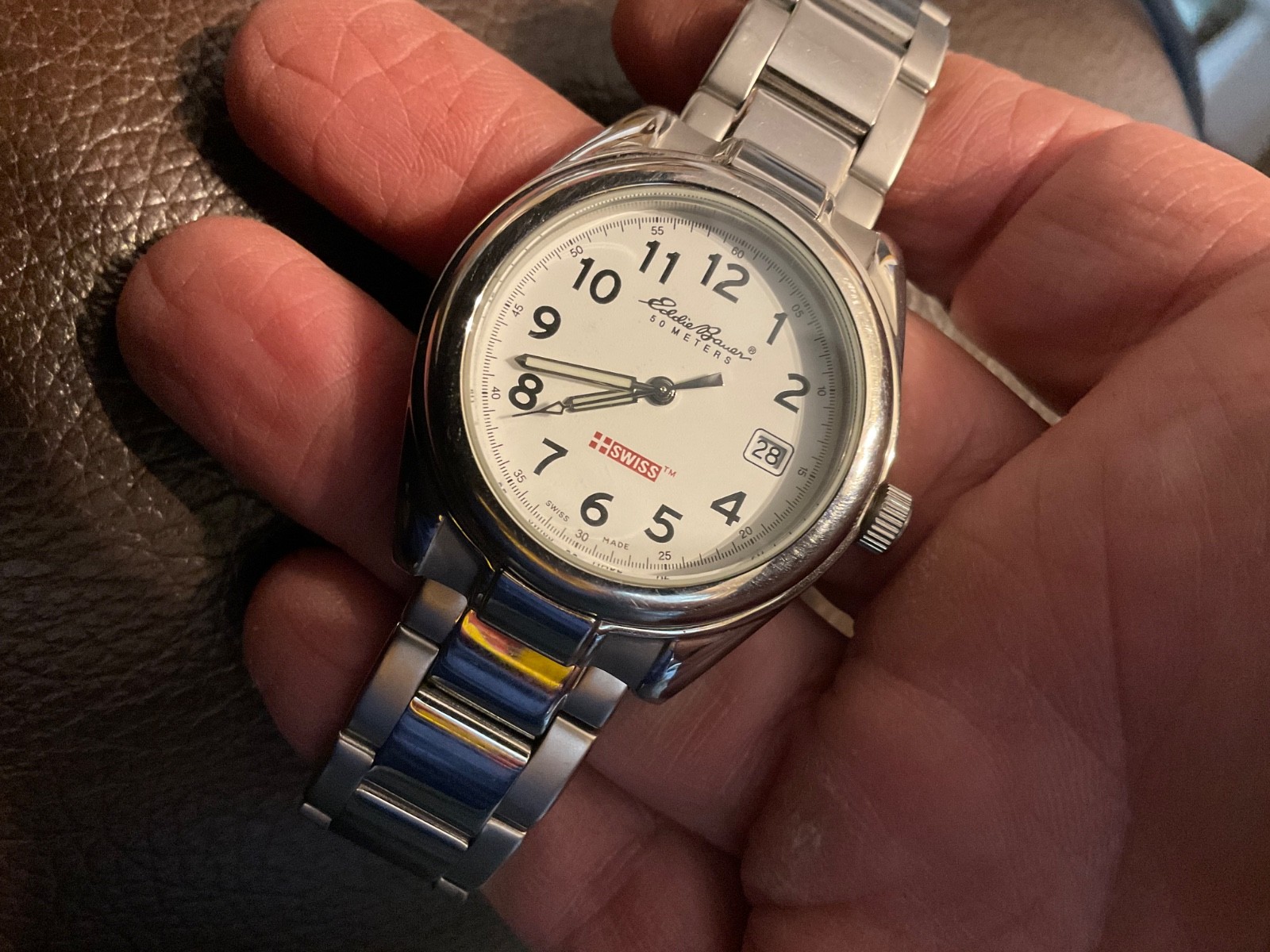 Eddie Bauer Swiss mens watch new batt 35mm dia. fit to 7 1/2 in. Steel chrome