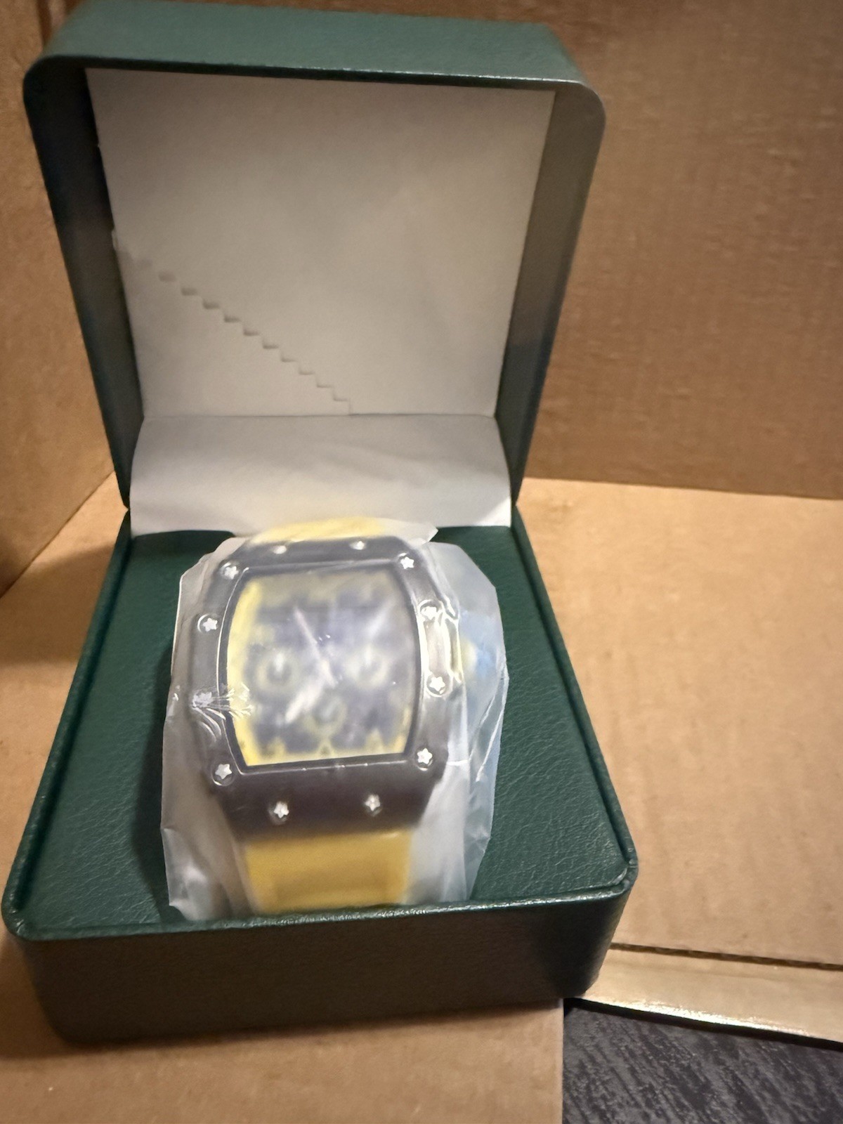 Men’s Tonneau Chronograph Analog Wristwatch Black Case Yellow Rubber Strap Box
