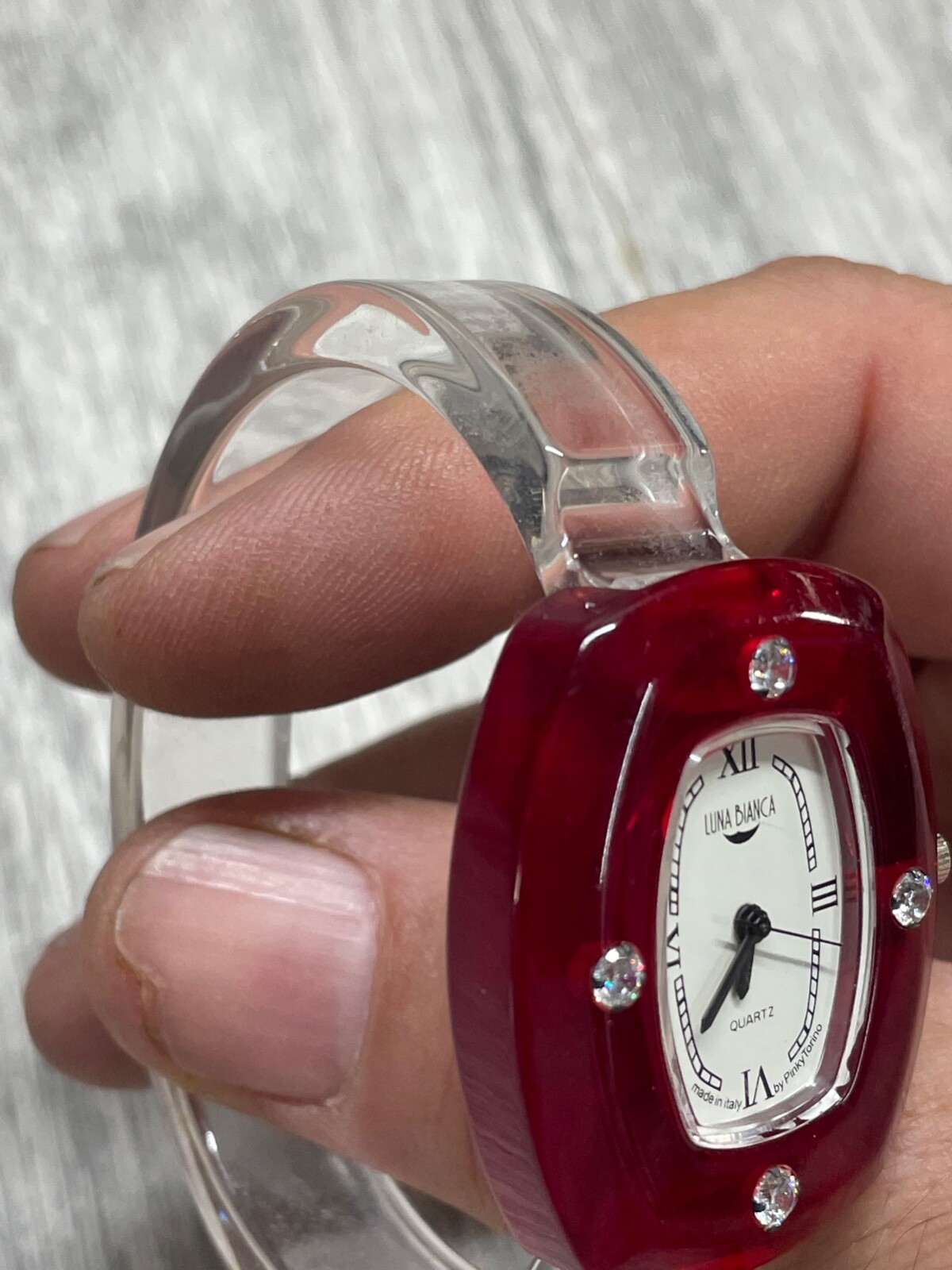 Luna Bianca Watch Clear Lucite Bracelet ITALIAN Red Face New Battery
