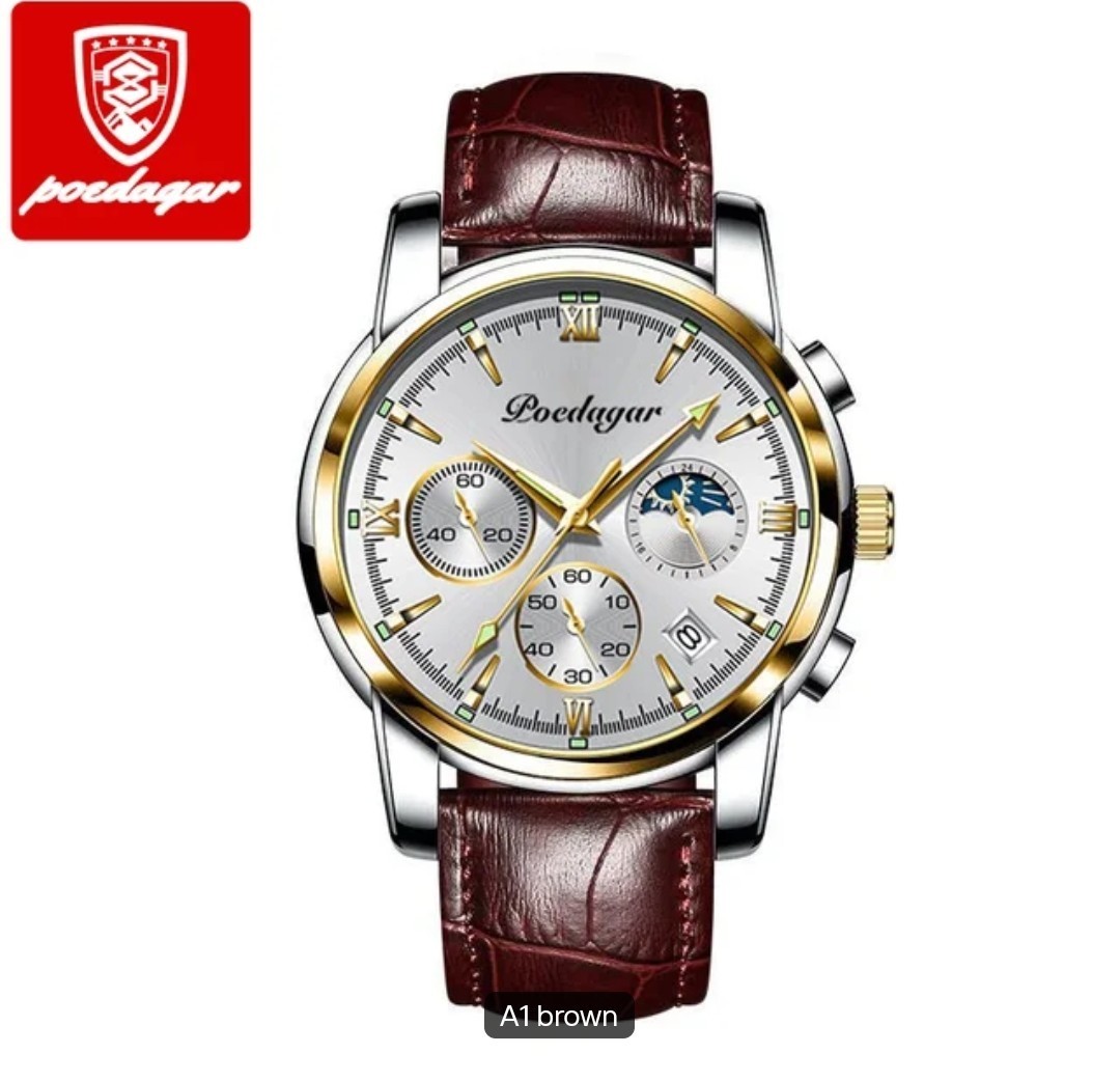 POEDAGAR 80Men’s Quartz Analog Watch Date White Dial Leather Strap