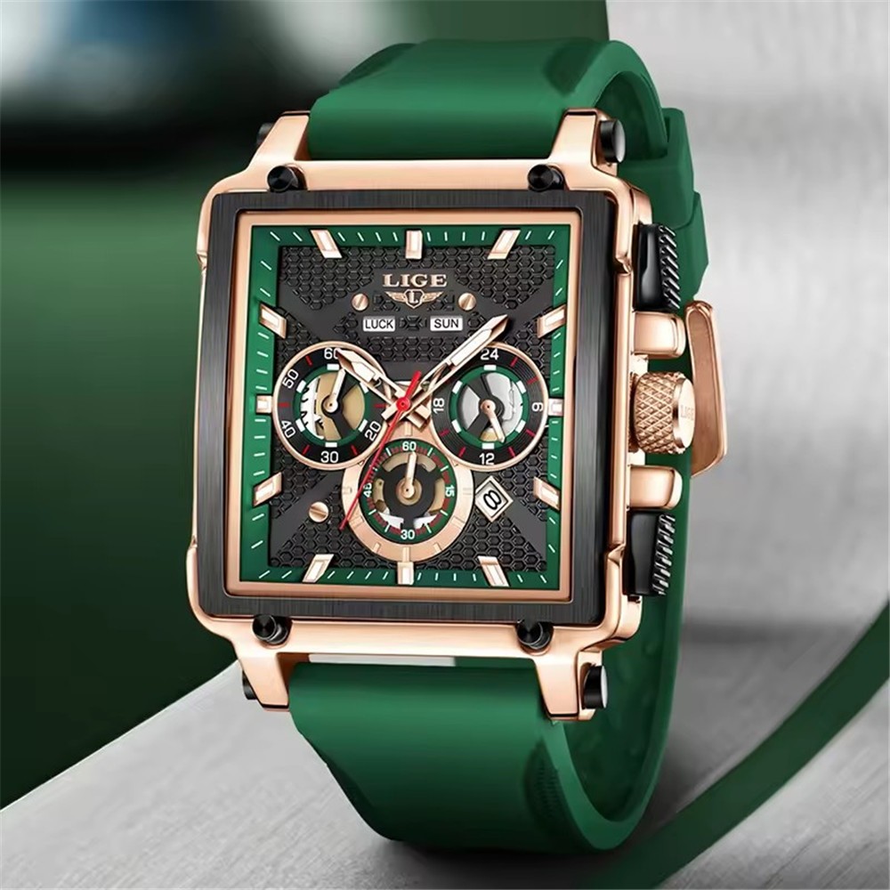 LIGE Men Watch Rectangle Sport Quartz Wristwatch Silicone Strap Male Date Watch